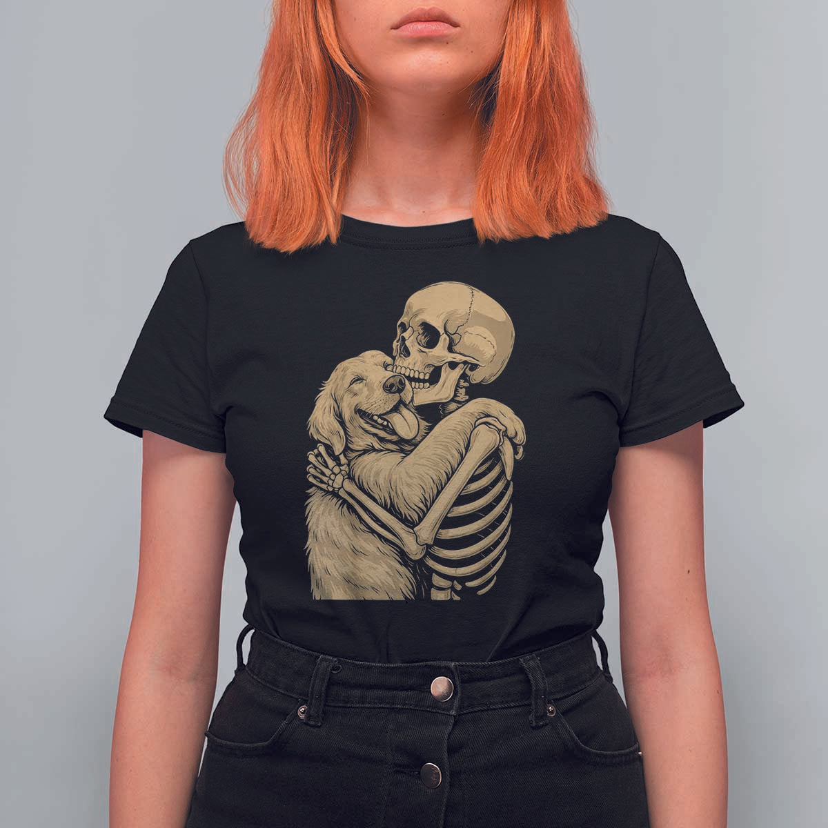 Skeleton Hugging Dog Halloween Dog Lover T Shirt For Women - Wonder Print Shop