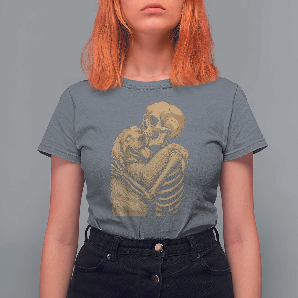 Skeleton Hugging Dog Halloween Dog Lover T Shirt For Women - Wonder Print Shop