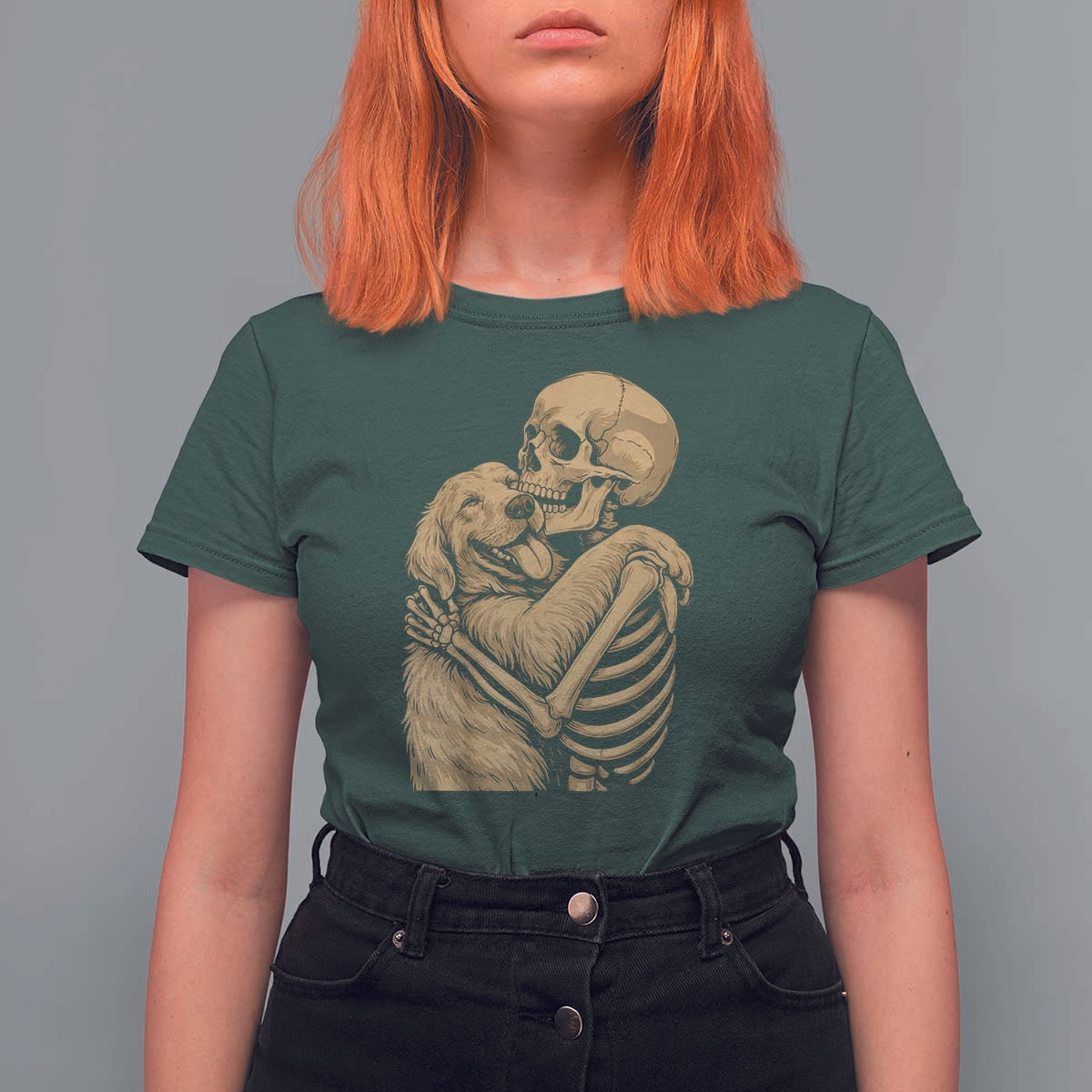 Skeleton Hugging Dog Halloween Dog Lover T Shirt For Women - Wonder Print Shop