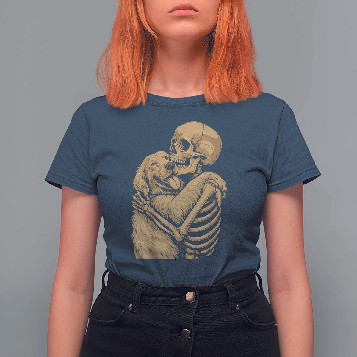 Skeleton Hugging Dog Halloween Dog Lover T Shirt For Women - Wonder Print Shop
