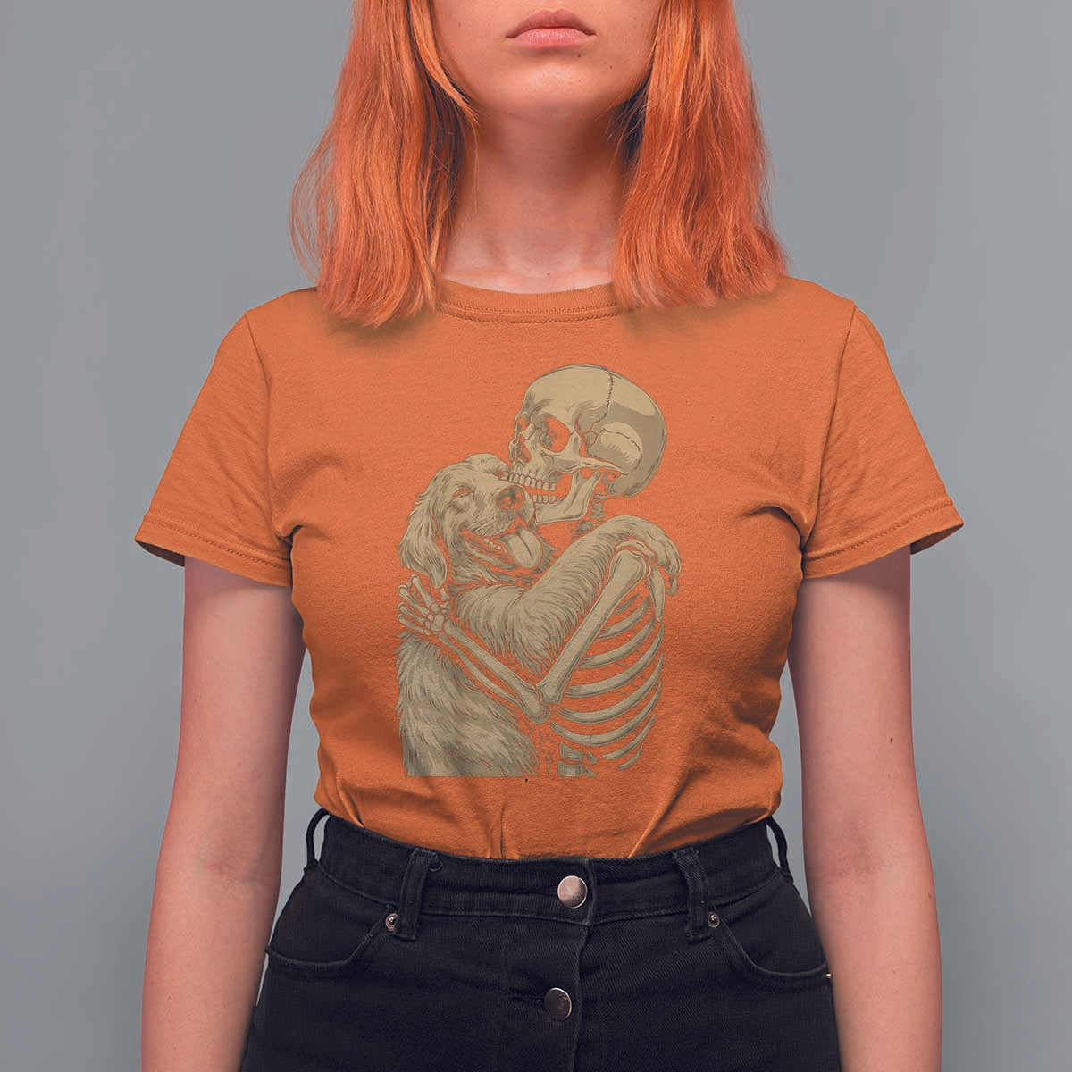 Skeleton Hugging Dog Halloween Dog Lover T Shirt For Women - Wonder Print Shop