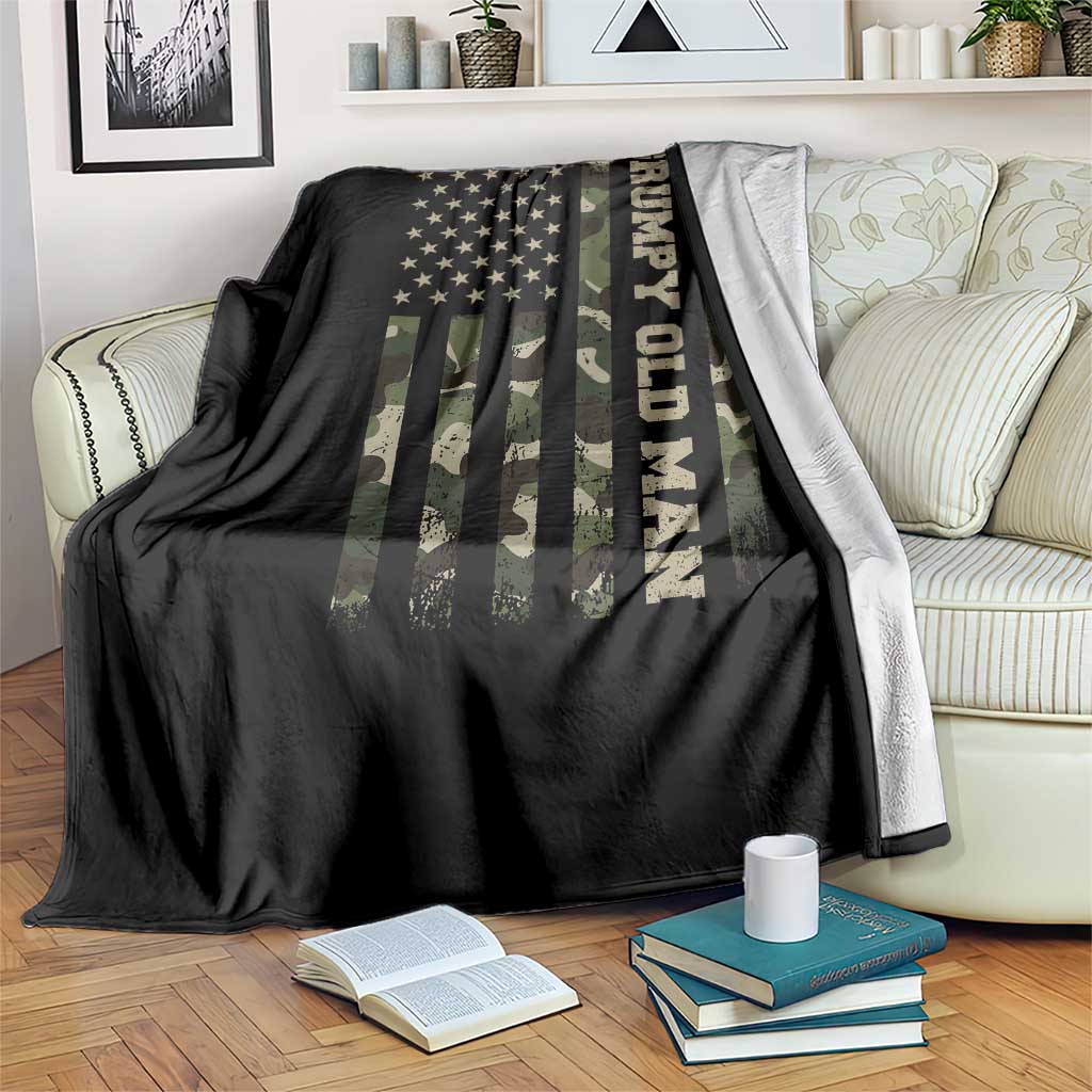 Funny Grumpy Old Man Throw Blanket Vintage Camo American Flag Fathers Day - Wonder Print Shop