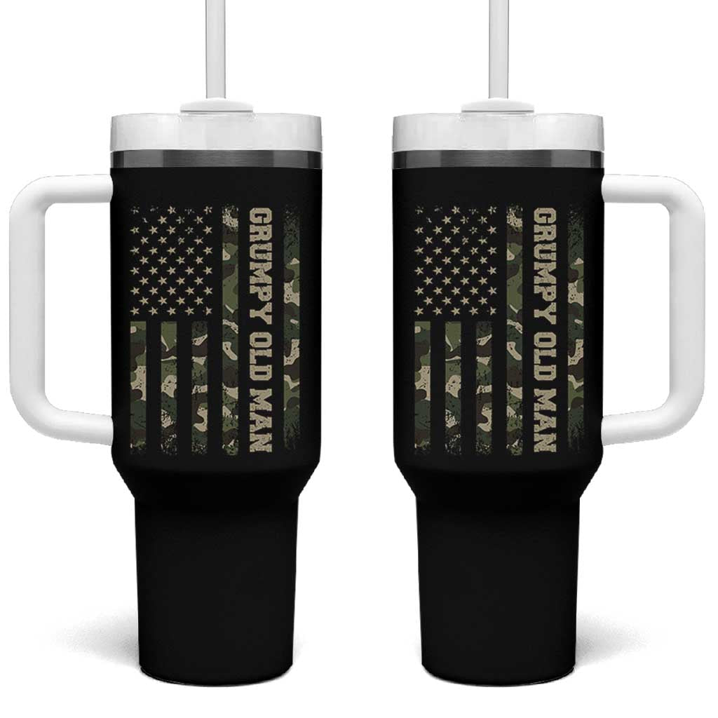 Funny Grumpy Old Man Tumbler With Handle Vintage Camo American Flag Fathers Day - Wonder Print Shop