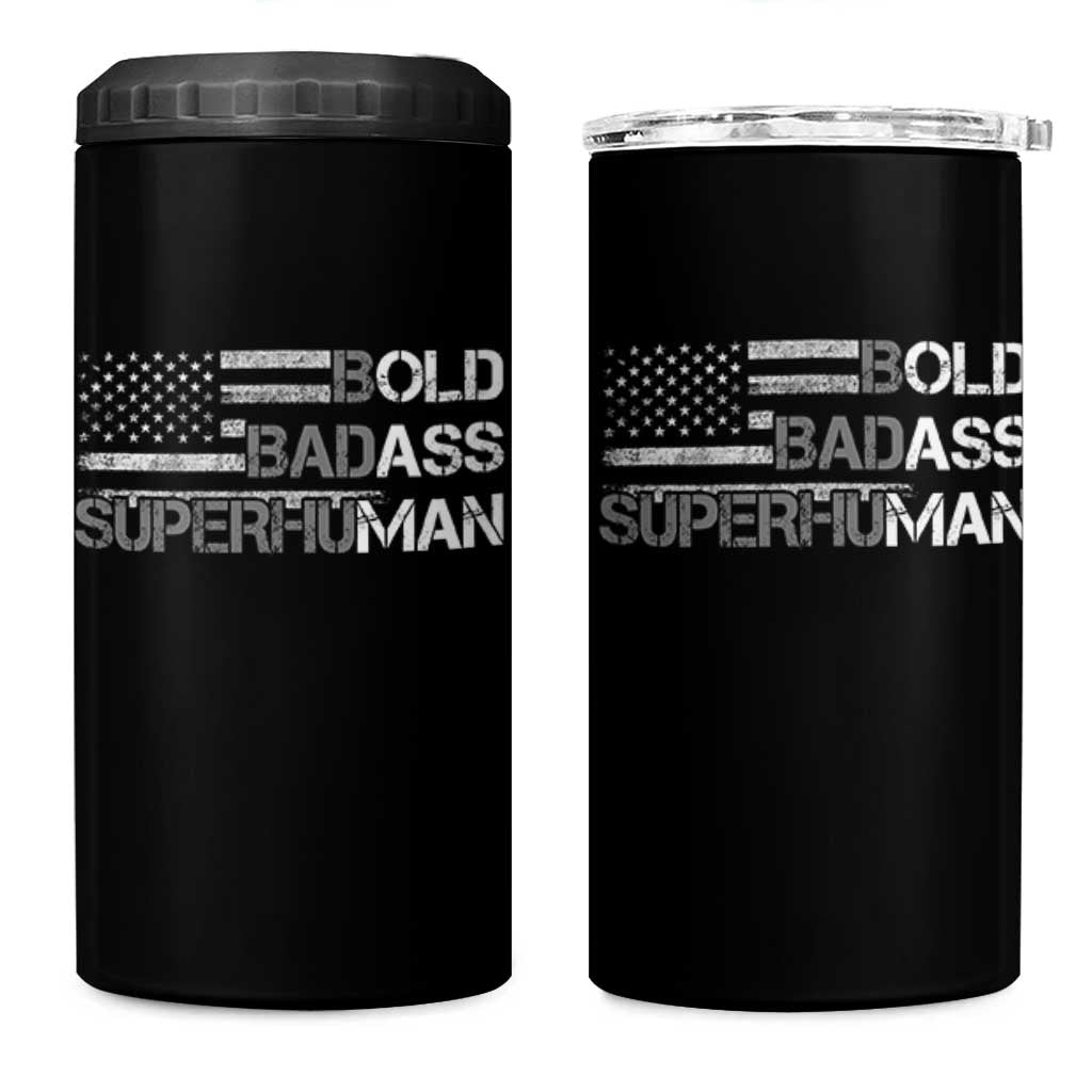 Funny Bold Badass Superhuman 4 in 1 Can Cooler Tumbler Vintage American Flag Fathers Day - Wonder Print Shop