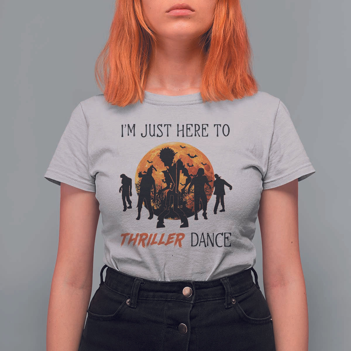 Funny Halloween T Shirt For Women I'm Just Here To Thriller Dance Zombie Dance Moon - Wonder Print Shop