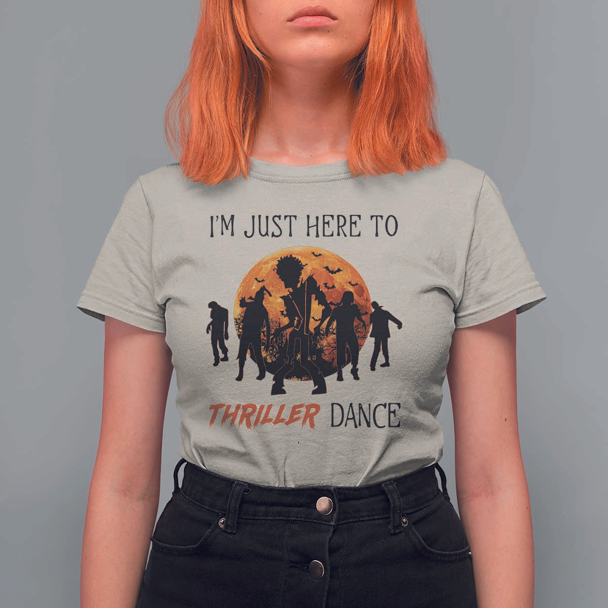 Funny Halloween T Shirt For Women I'm Just Here To Thriller Dance Zombie Dance Moon - Wonder Print Shop