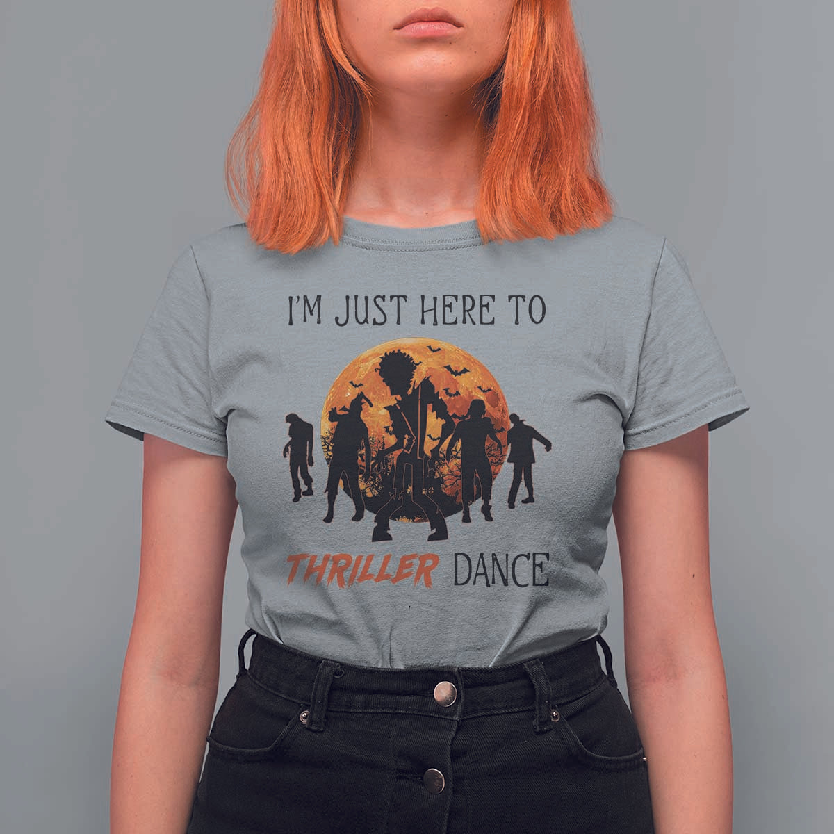 Funny Halloween T Shirt For Women I'm Just Here To Thriller Dance Zombie Dance Moon - Wonder Print Shop