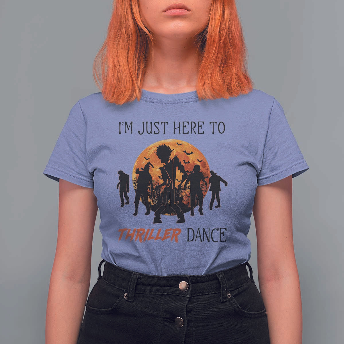 Funny Halloween T Shirt For Women I'm Just Here To Thriller Dance Zombie Dance Moon - Wonder Print Shop