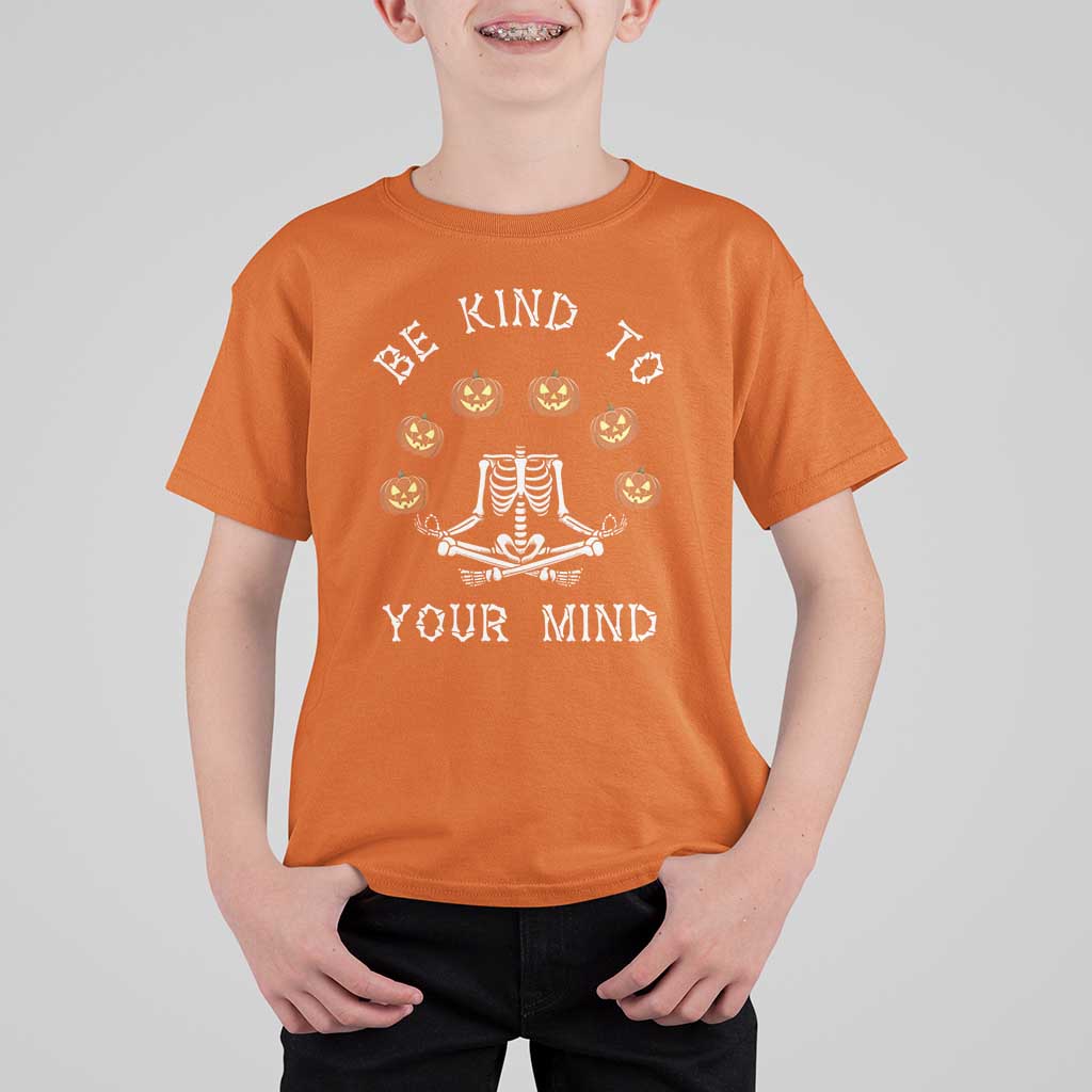 Funny Halloween T Shirt For Kid Be Kind To Your Mind Pumpkin Head Skeleton - Wonder Print Shop