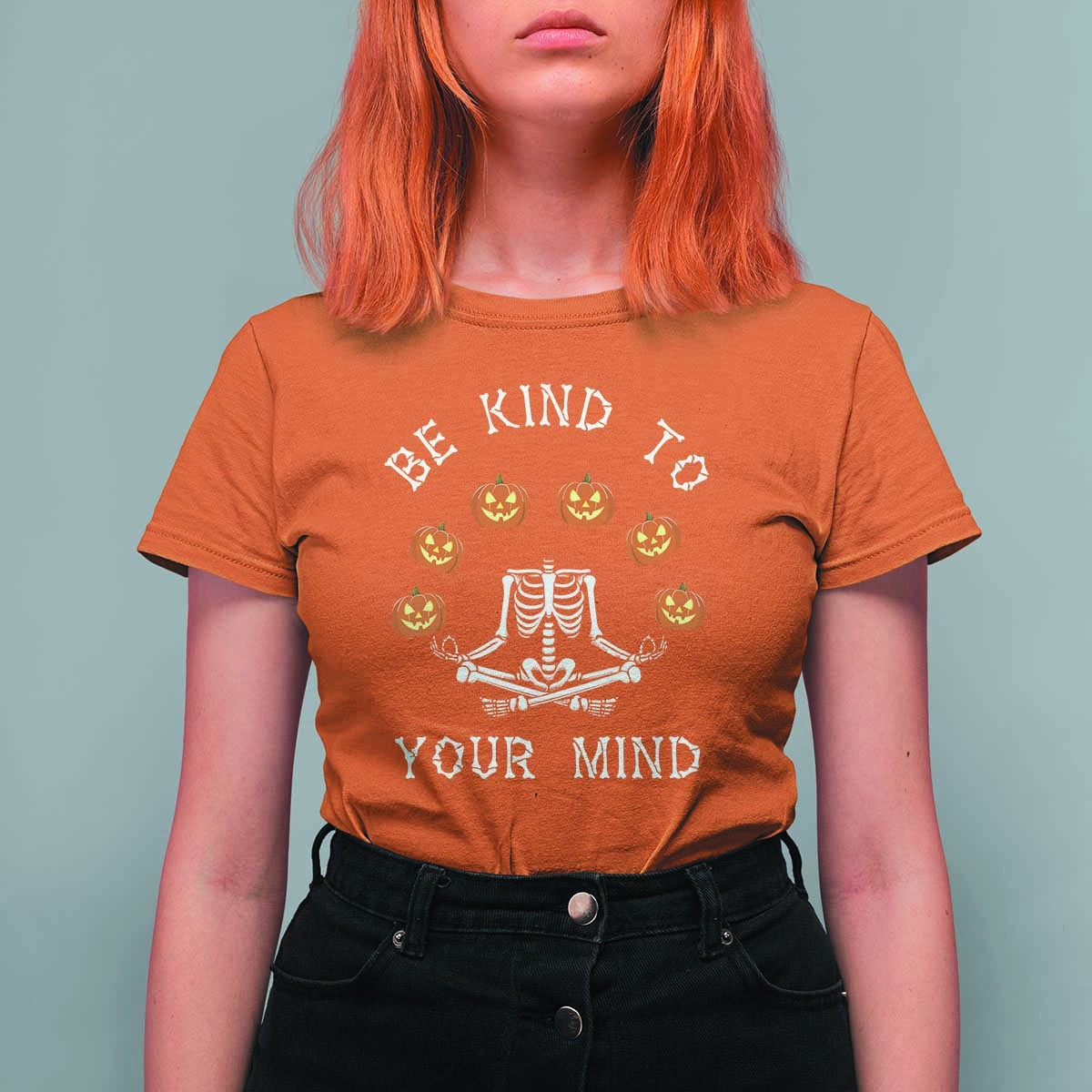 Funny Halloween T Shirt For Women Be Kind To Your Mind Pumpkin Head Skeleton - Wonder Print Shop