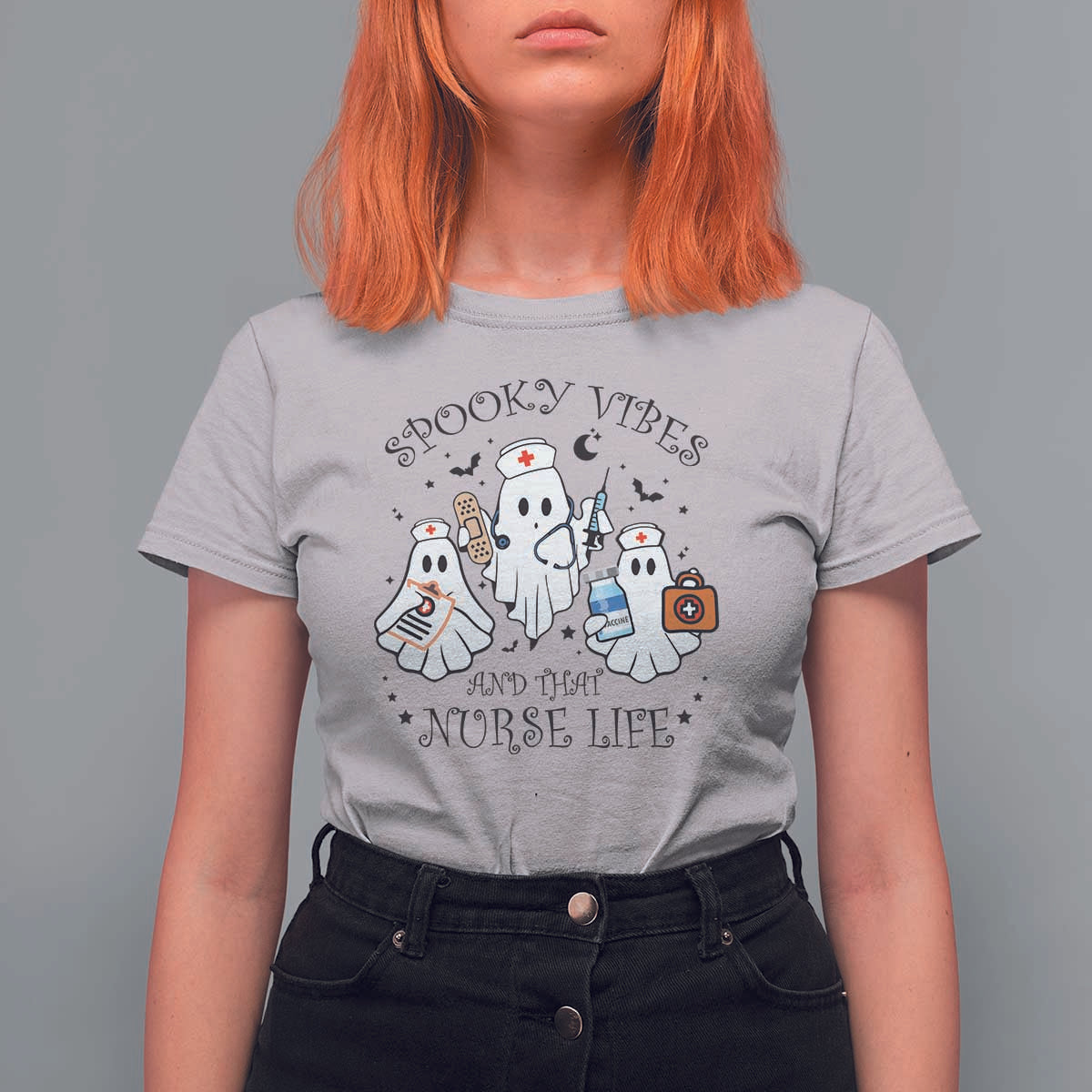 Halloween Nurse T Shirt For Women Spooky Vibes And That Nurse Life Ghost - Wonder Print Shop