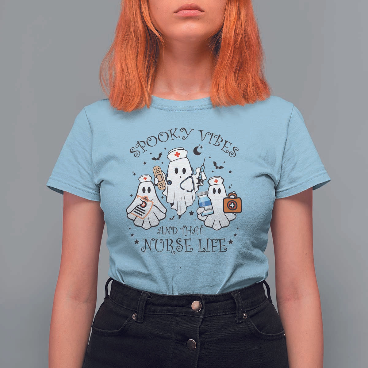 Halloween Nurse T Shirt For Women Spooky Vibes And That Nurse Life Ghost - Wonder Print Shop
