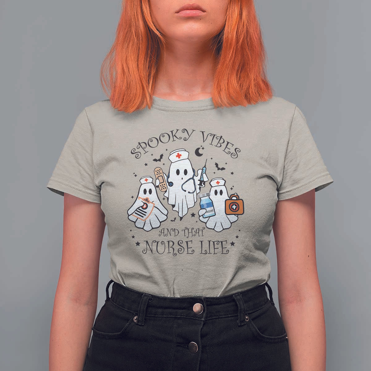 Halloween Nurse T Shirt For Women Spooky Vibes And That Nurse Life Ghost - Wonder Print Shop