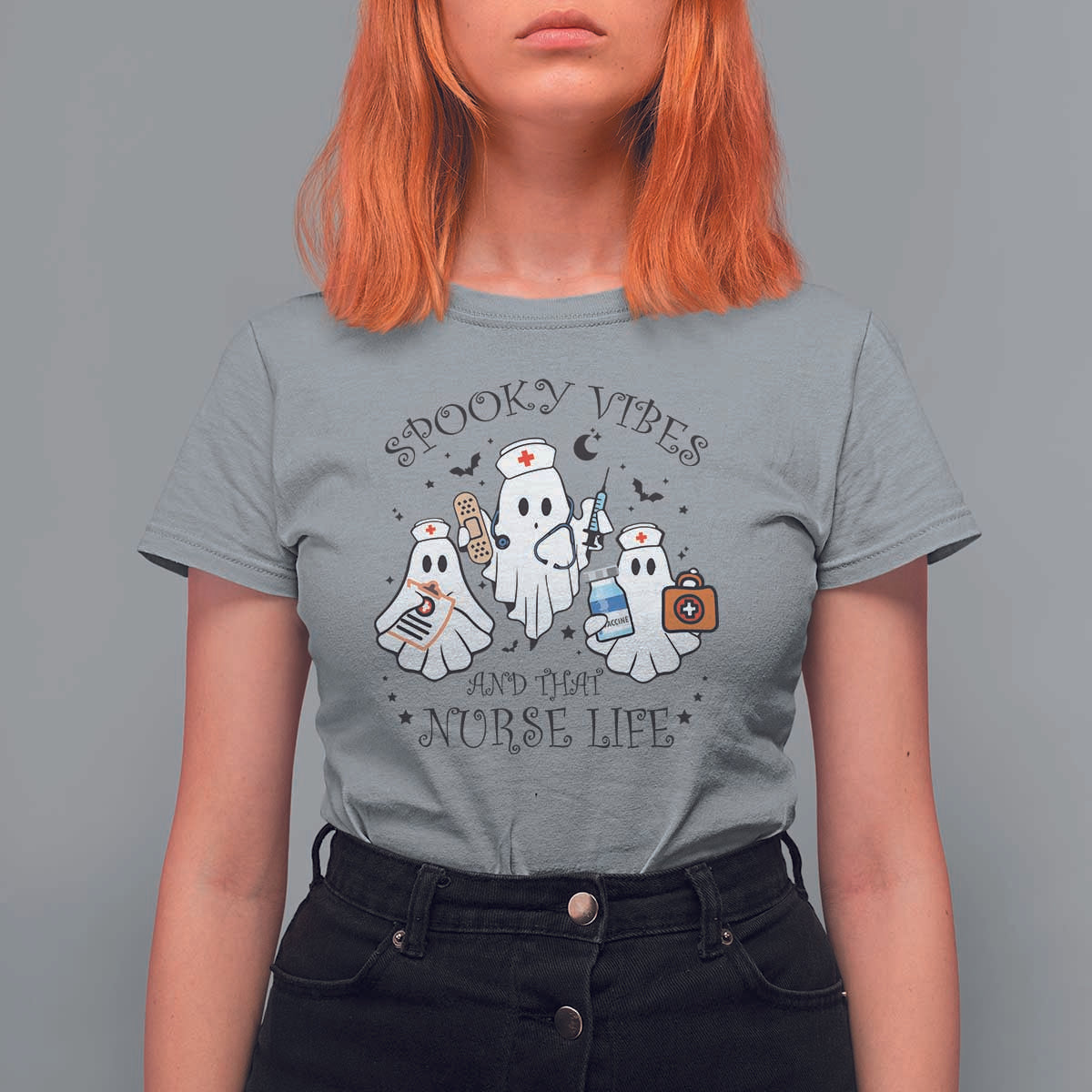 Halloween Nurse T Shirt For Women Spooky Vibes And That Nurse Life Ghost - Wonder Print Shop