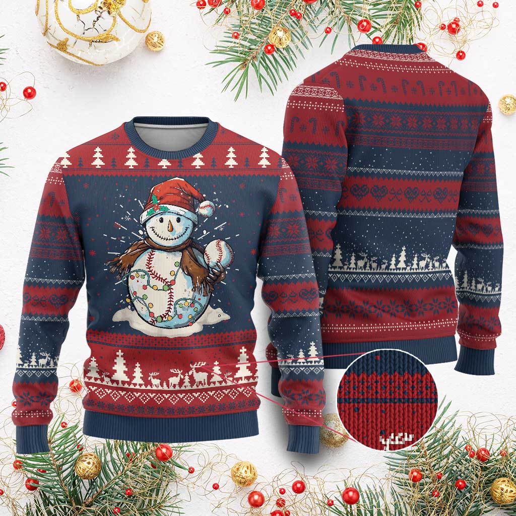 Funny Xmas Baseball Ugly Christmas Sweater Cute Snowman Baseball Players Santa Hat - Wonder Print Shop