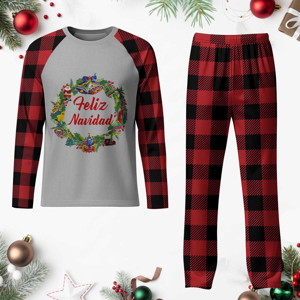 Christmas In Mexico Plaid Pajama Set Feliz Navidad Xmas Wreath - Wonder Print Shop