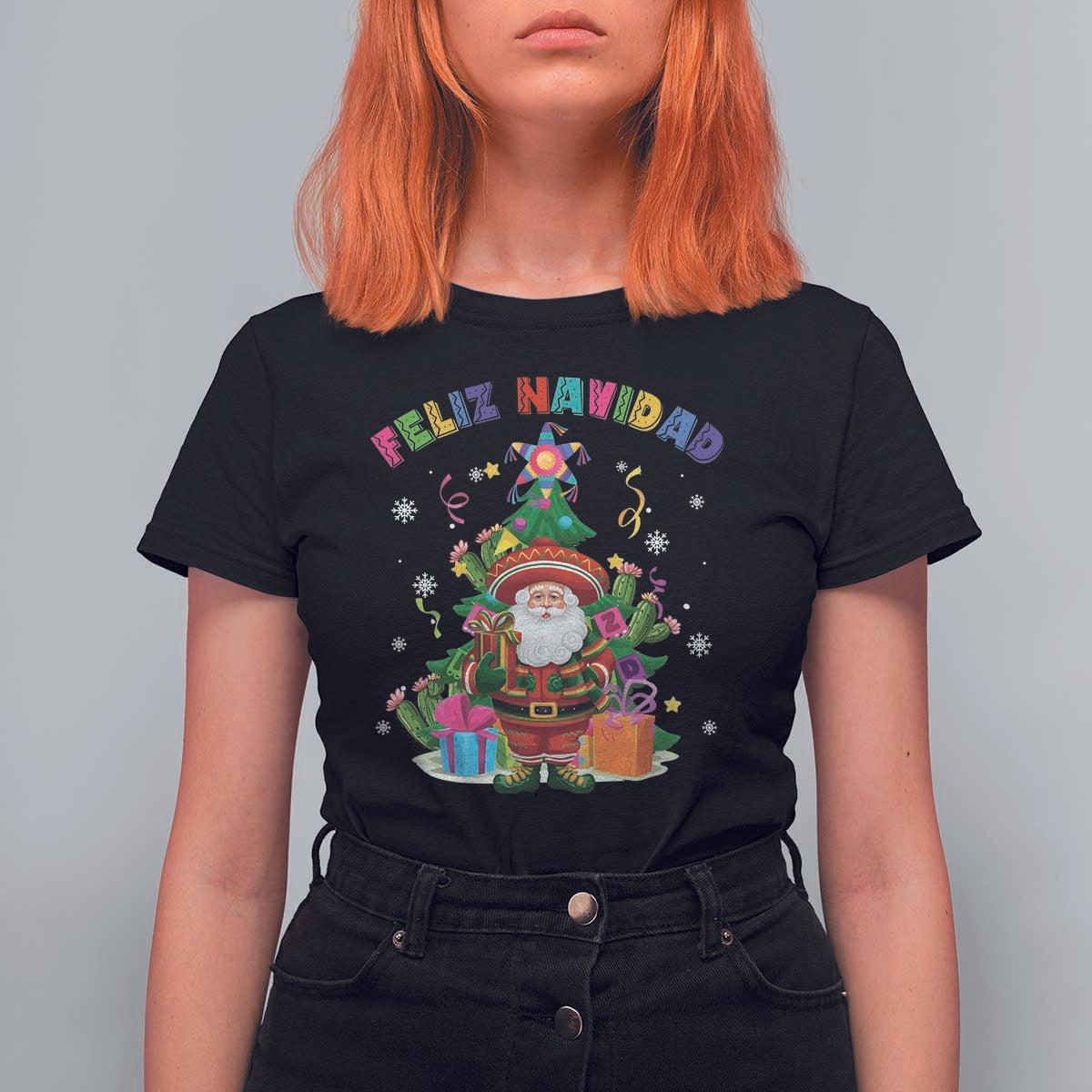 Funny Christmas In Mexico T Shirt For Women Feliz Navidad Sombrero Santa Xmas Tree - Wonder Print Shop