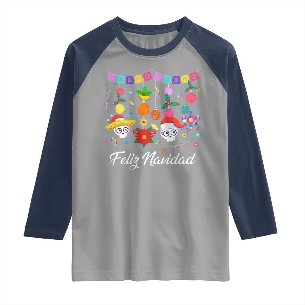 Feliz Navidad Raglan Shirt Funny Christmas In Mexico Sugar Skull Pinata Star - Wonder Print Shop