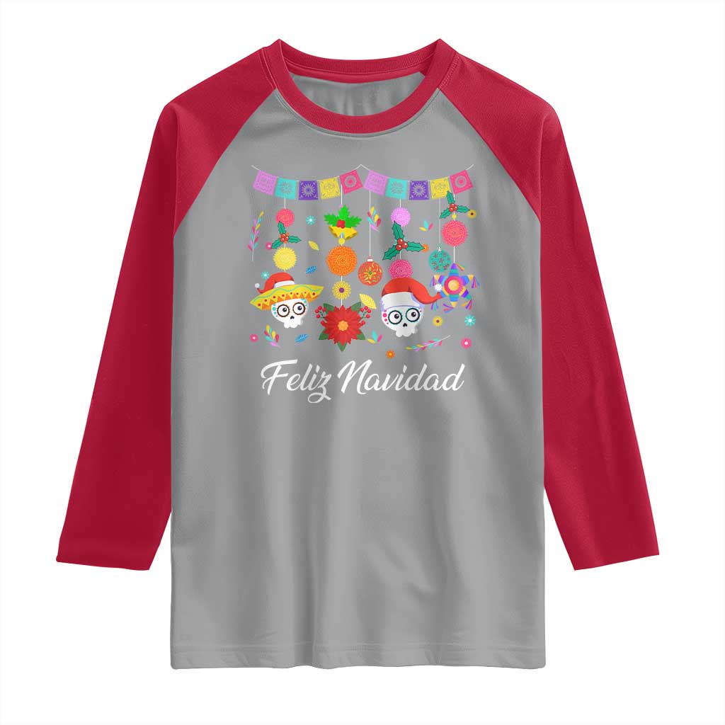 Feliz Navidad Raglan Shirt Funny Christmas In Mexico Sugar Skull Pinata Star - Wonder Print Shop
