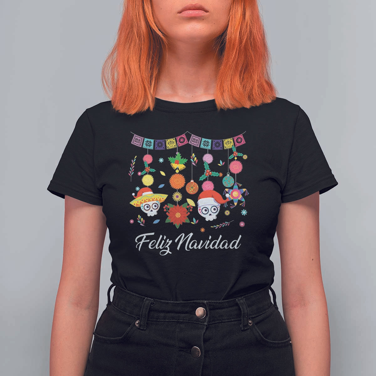 Feliz Navidad T Shirt For Women Funny Christmas In Mexico Sugar Skull Pinata Star - Wonder Print Shop