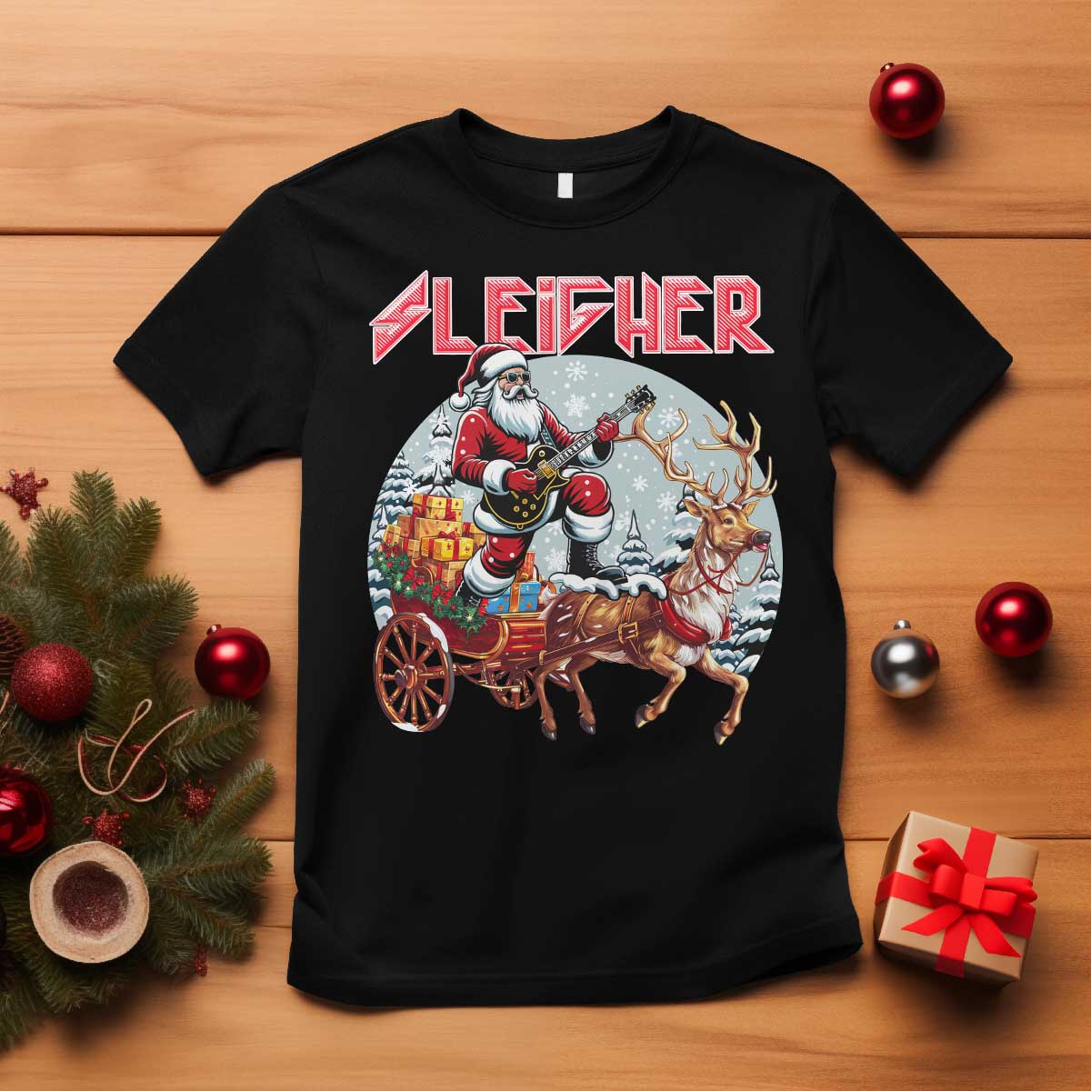 Funny Santa Heavy Metal Christmas T Shirt Sleigher Xmas Rock & Roll - Wonder Print Shop