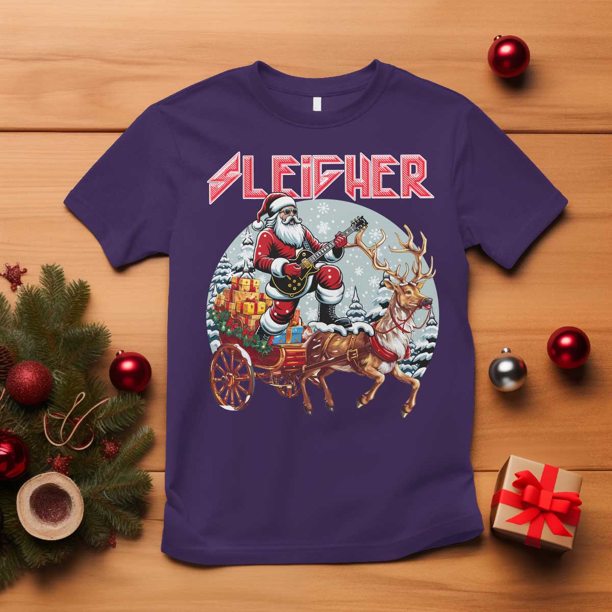 Funny Santa Heavy Metal Christmas T Shirt Sleigher Xmas Rock & Roll - Wonder Print Shop