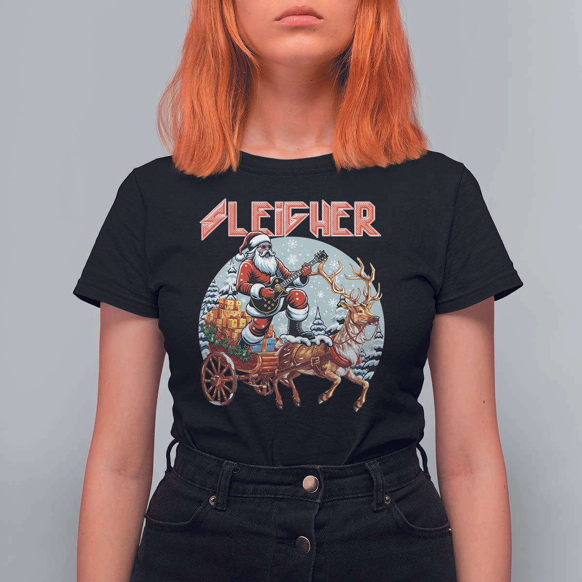 Funny Santa Heavy Metal Christmas T Shirt For Women Sleigher Xmas Rock & Roll - Wonder Print Shop
