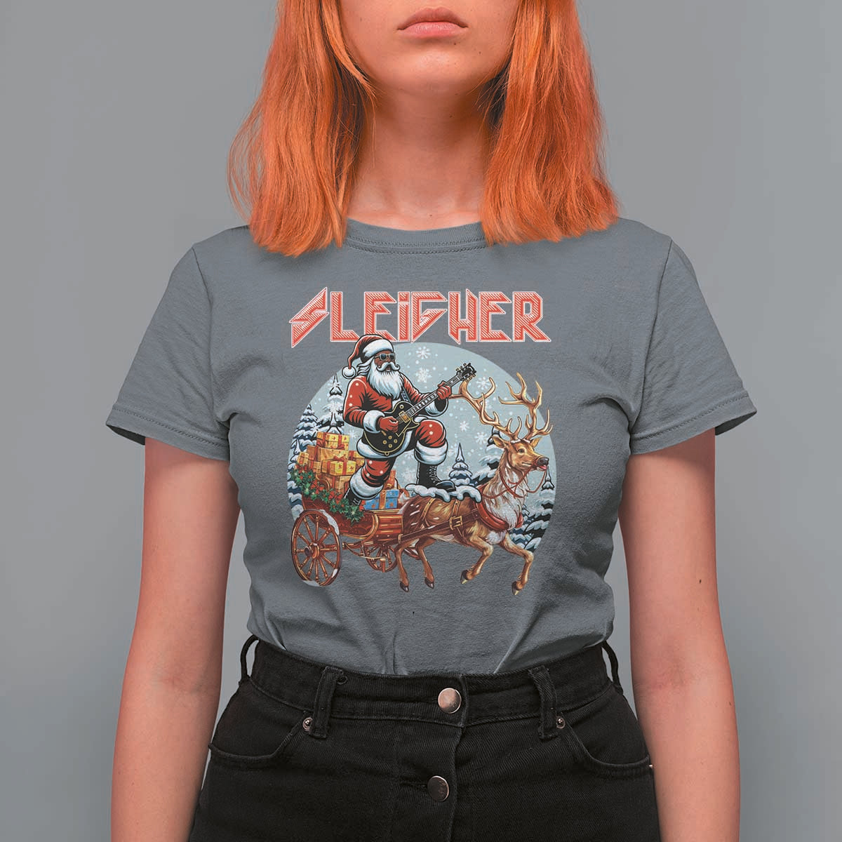 Funny Black Santa Heavy Metal Christmas T Shirt For Women Sleigher Xmas Rock & Roll - Wonder Print Shop
