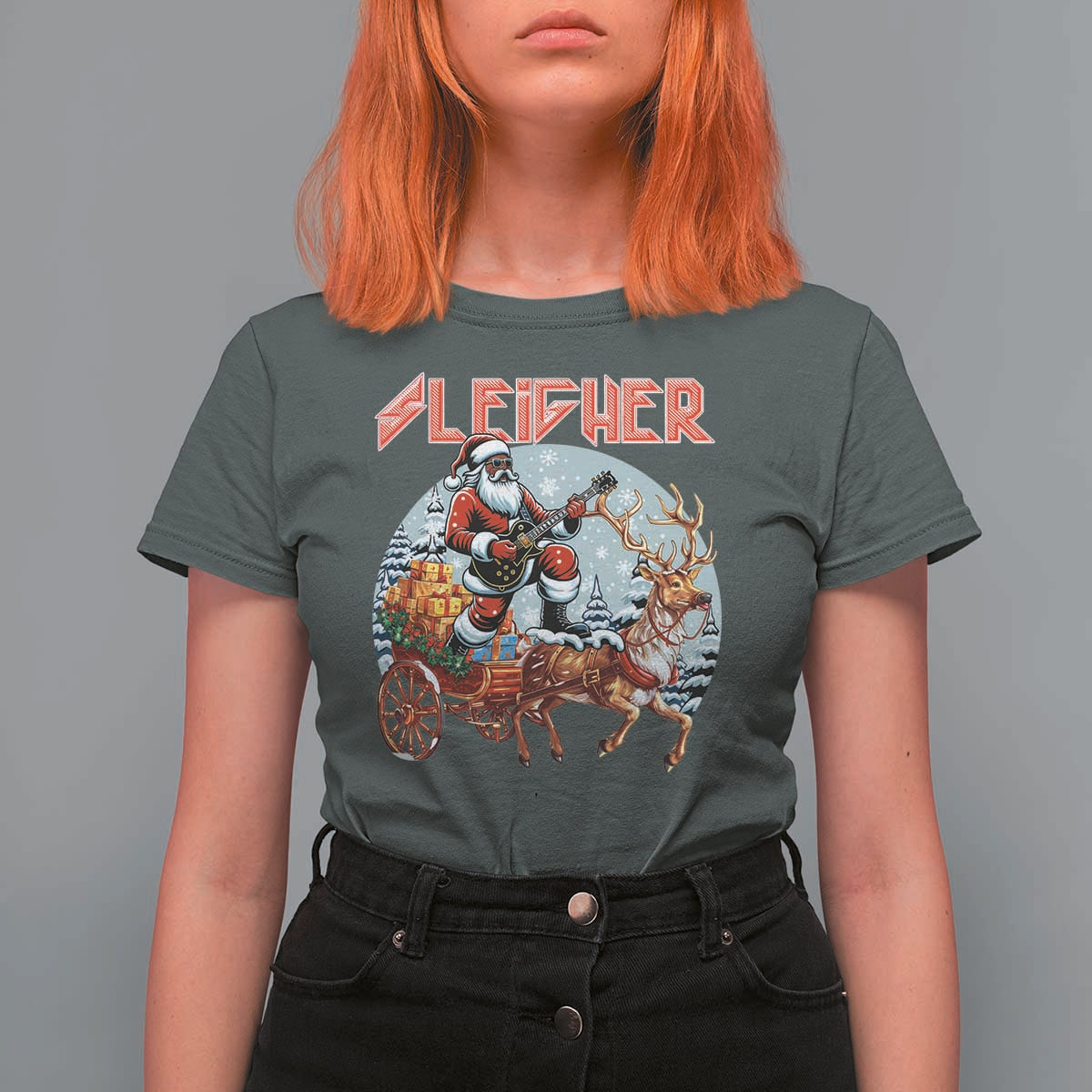 Funny Black Santa Heavy Metal Christmas T Shirt For Women Sleigher Xmas Rock & Roll - Wonder Print Shop