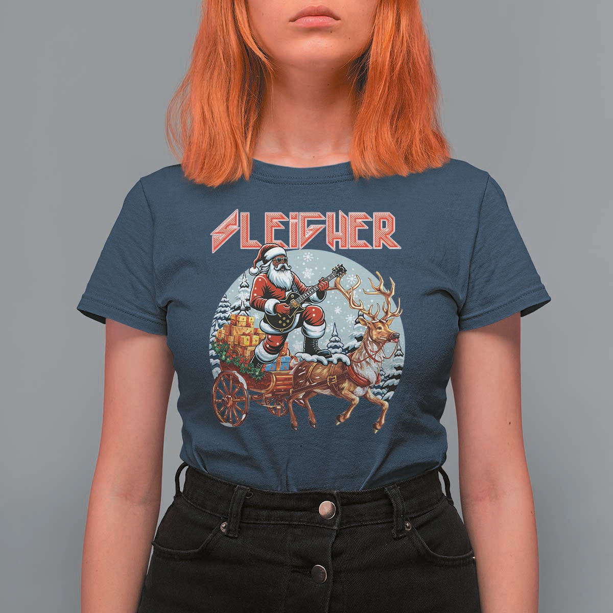 Funny Black Santa Heavy Metal Christmas T Shirt For Women Sleigher Xmas Rock & Roll - Wonder Print Shop
