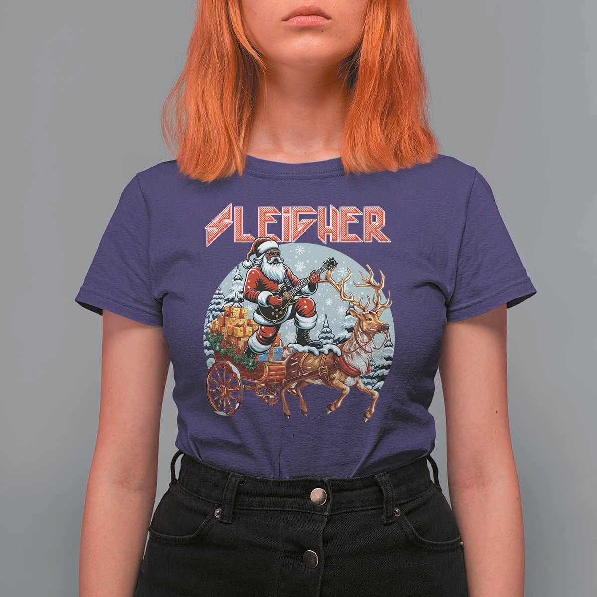 Funny Black Santa Heavy Metal Christmas T Shirt For Women Sleigher Xmas Rock & Roll - Wonder Print Shop