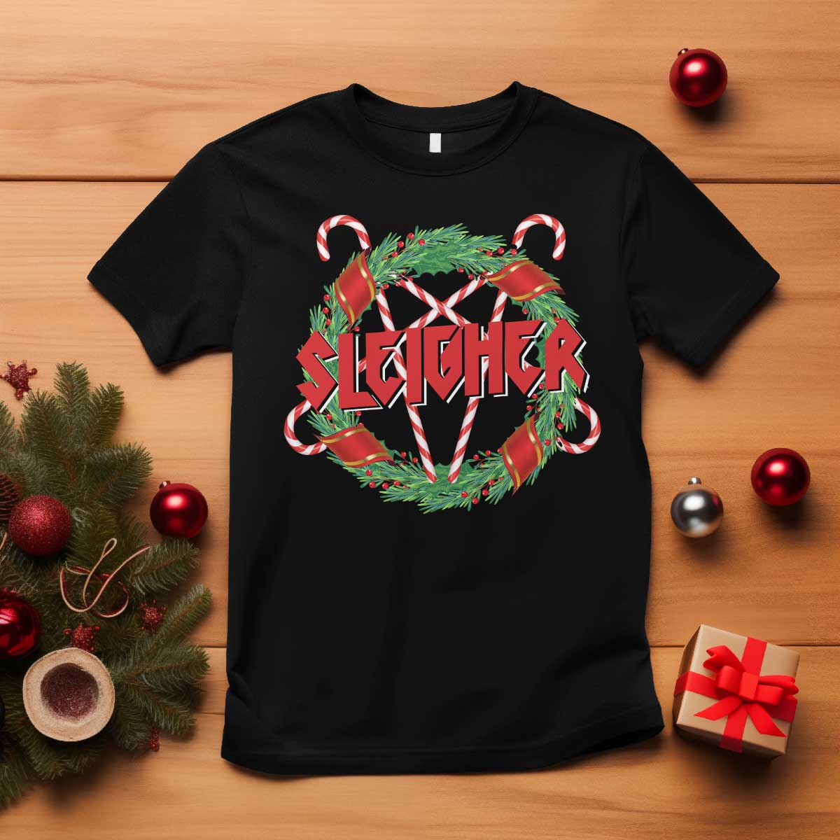Funny Christmas Heavy Metal T Shirt Sleigher Xmas Pentagram Candy Cane - Wonder Print Shop