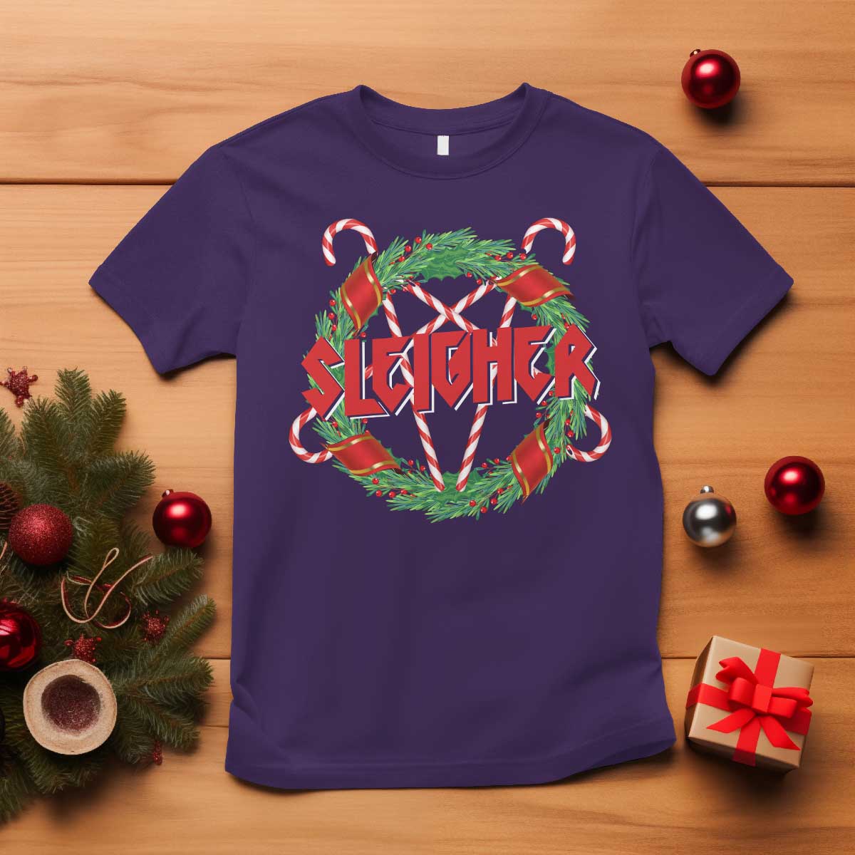 Funny Christmas Heavy Metal T Shirt Sleigher Xmas Pentagram Candy Cane - Wonder Print Shop