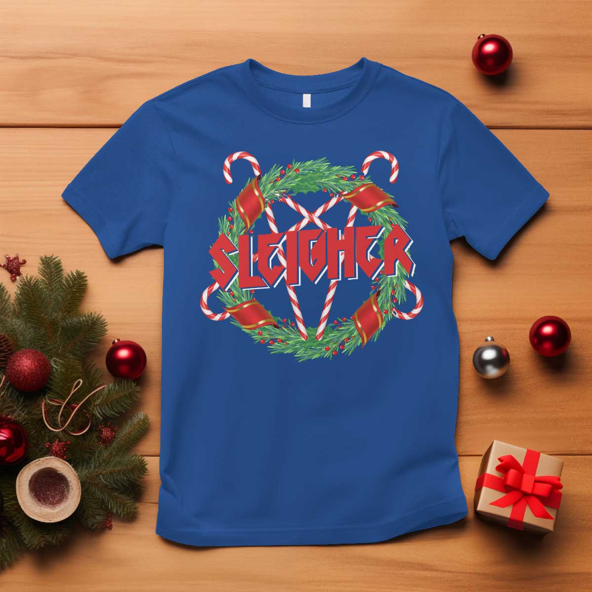 Funny Christmas Heavy Metal T Shirt Sleigher Xmas Pentagram Candy Cane - Wonder Print Shop