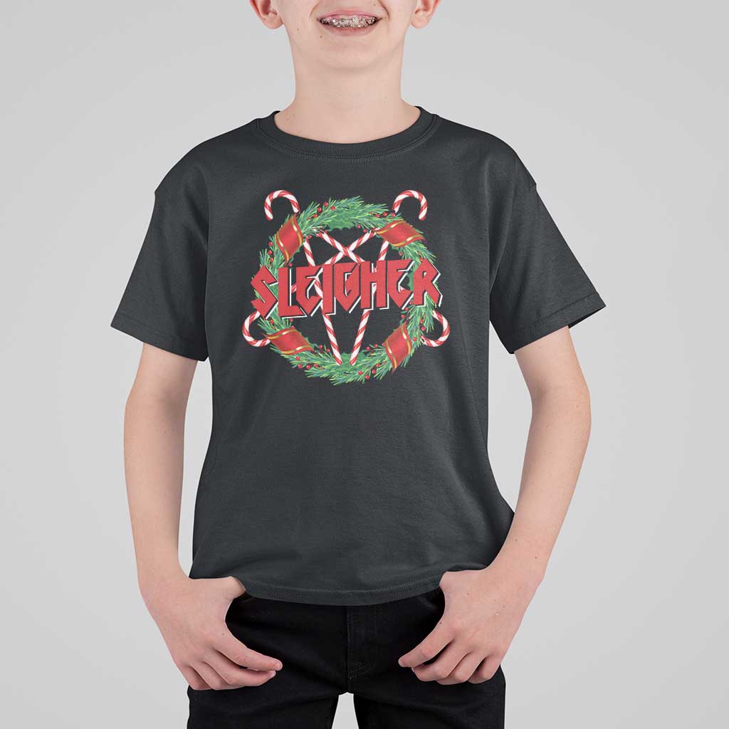 Funny Christmas Heavy Metal T Shirt For Kid Sleigher Xmas Pentagram Candy Cane - Wonder Print Shop