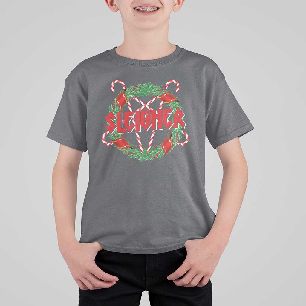 Funny Christmas Heavy Metal T Shirt For Kid Sleigher Xmas Pentagram Candy Cane - Wonder Print Shop