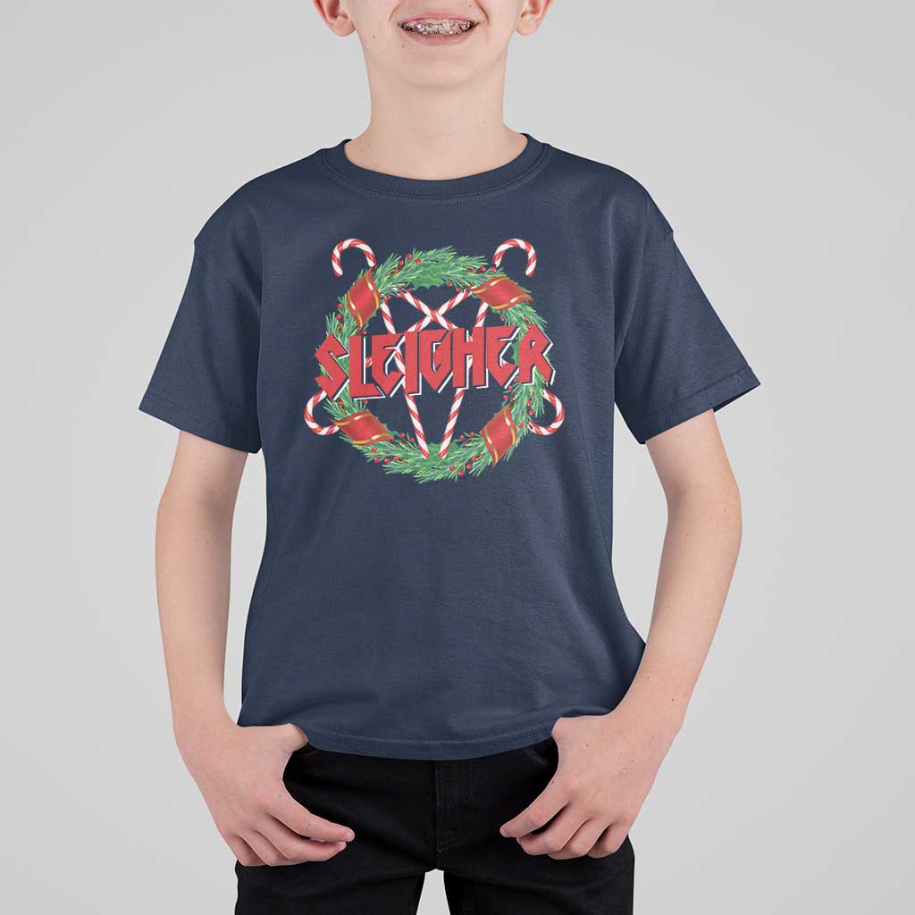 Funny Christmas Heavy Metal T Shirt For Kid Sleigher Xmas Pentagram Candy Cane - Wonder Print Shop
