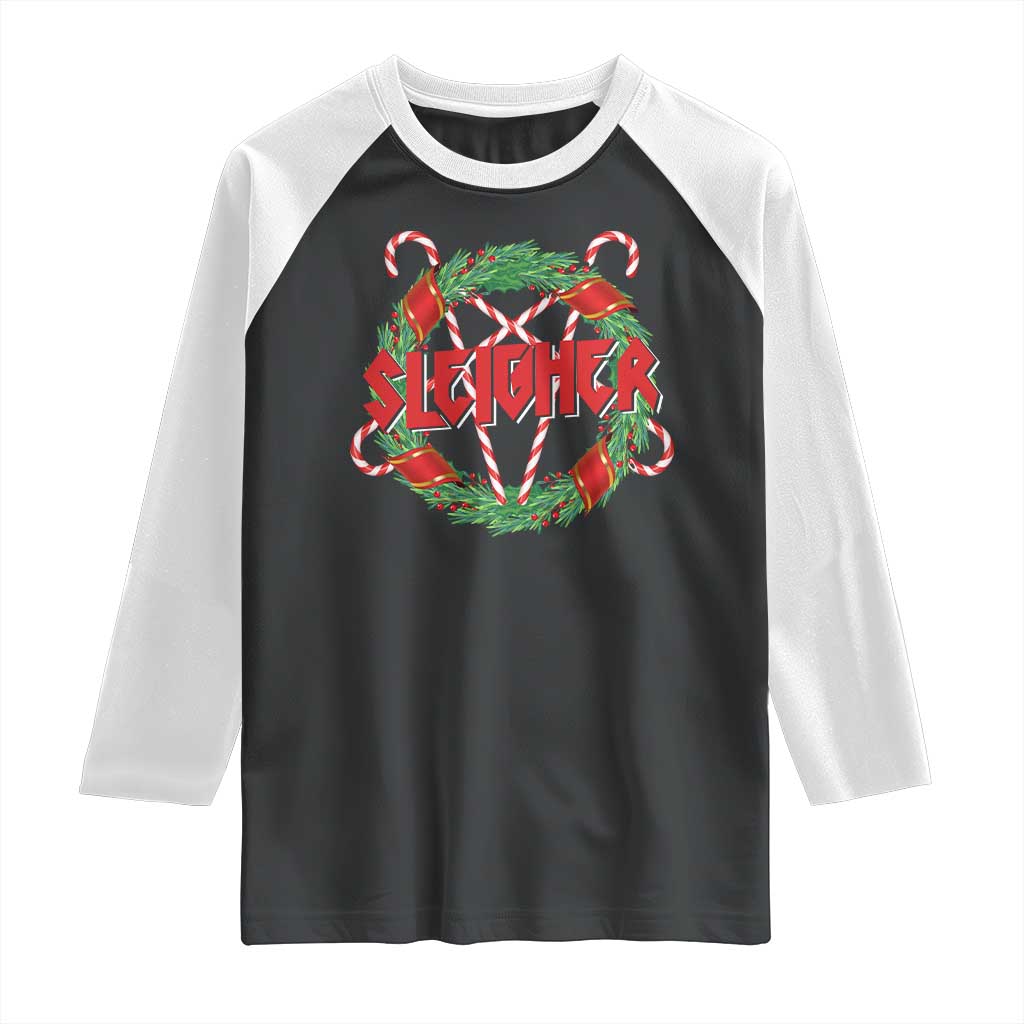 Funny Christmas Heavy Metal Raglan Shirt Sleigher Xmas Pentagram Candy Cane - Wonder Print Shop