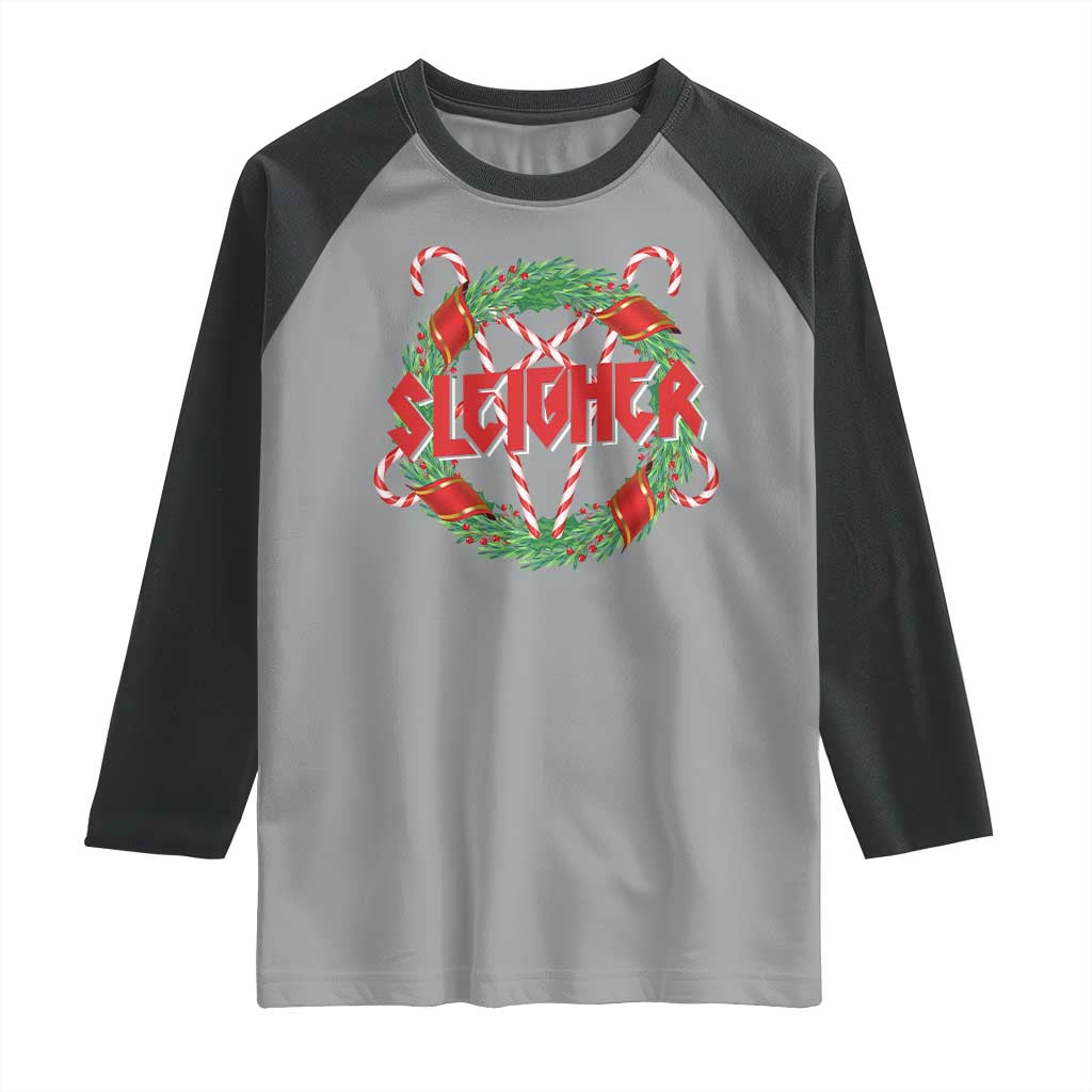 Funny Christmas Heavy Metal Raglan Shirt Sleigher Xmas Pentagram Candy Cane - Wonder Print Shop