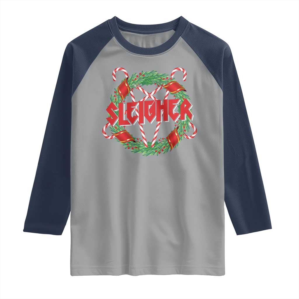 Funny Christmas Heavy Metal Raglan Shirt Sleigher Xmas Pentagram Candy Cane - Wonder Print Shop