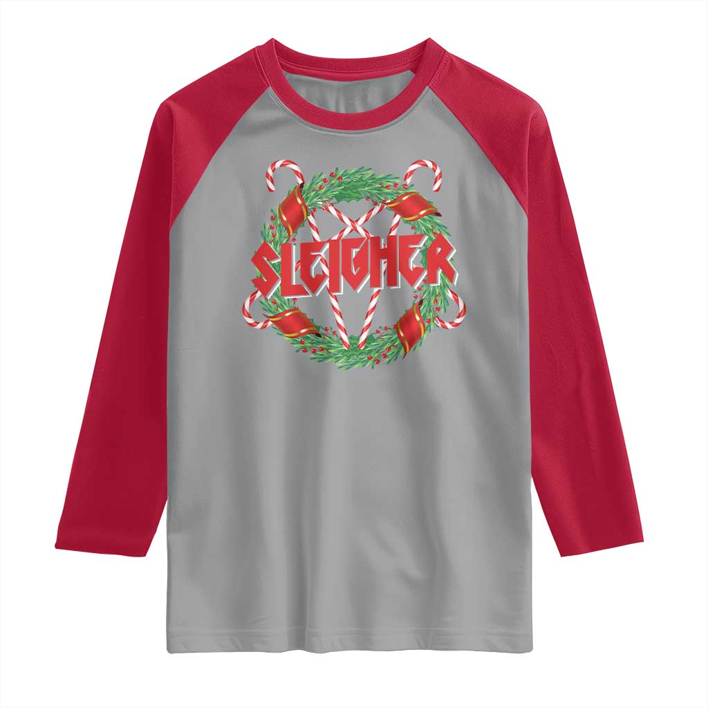 Funny Christmas Heavy Metal Raglan Shirt Sleigher Xmas Pentagram Candy Cane - Wonder Print Shop