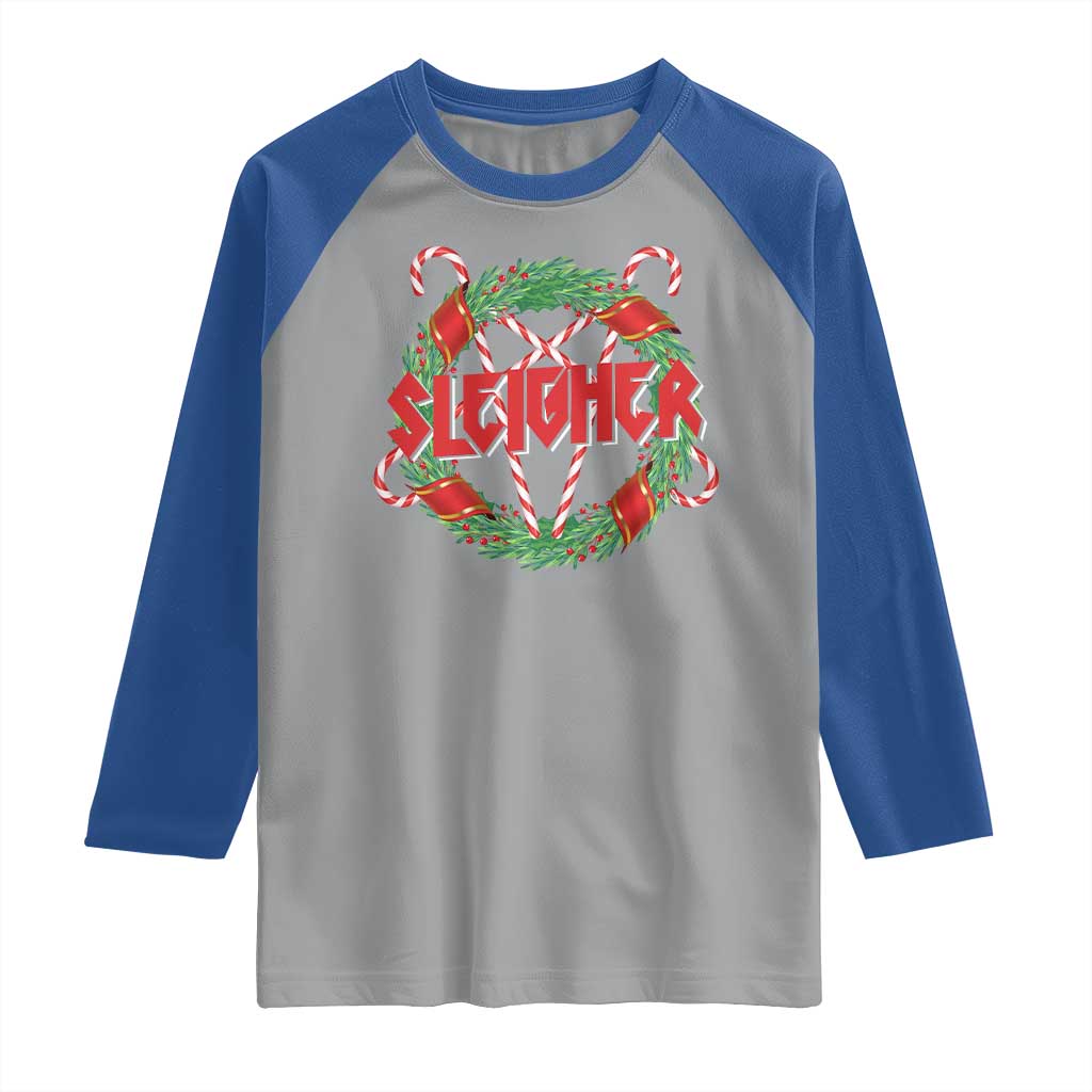 Funny Christmas Heavy Metal Raglan Shirt Sleigher Xmas Pentagram Candy Cane - Wonder Print Shop
