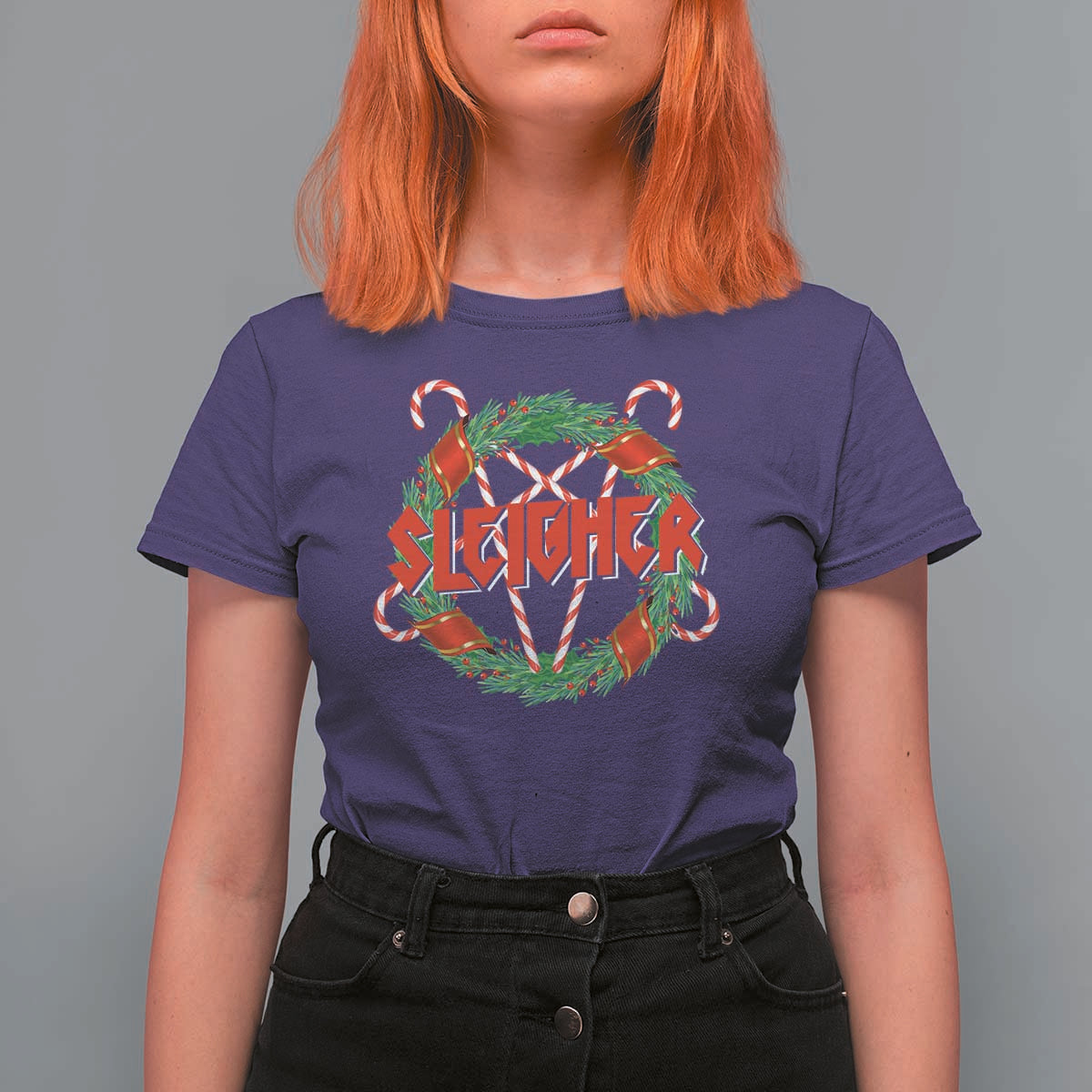 Funny Christmas Heavy Metal T Shirt For Women Sleigher Xmas Pentagram Candy Cane - Wonder Print Shop