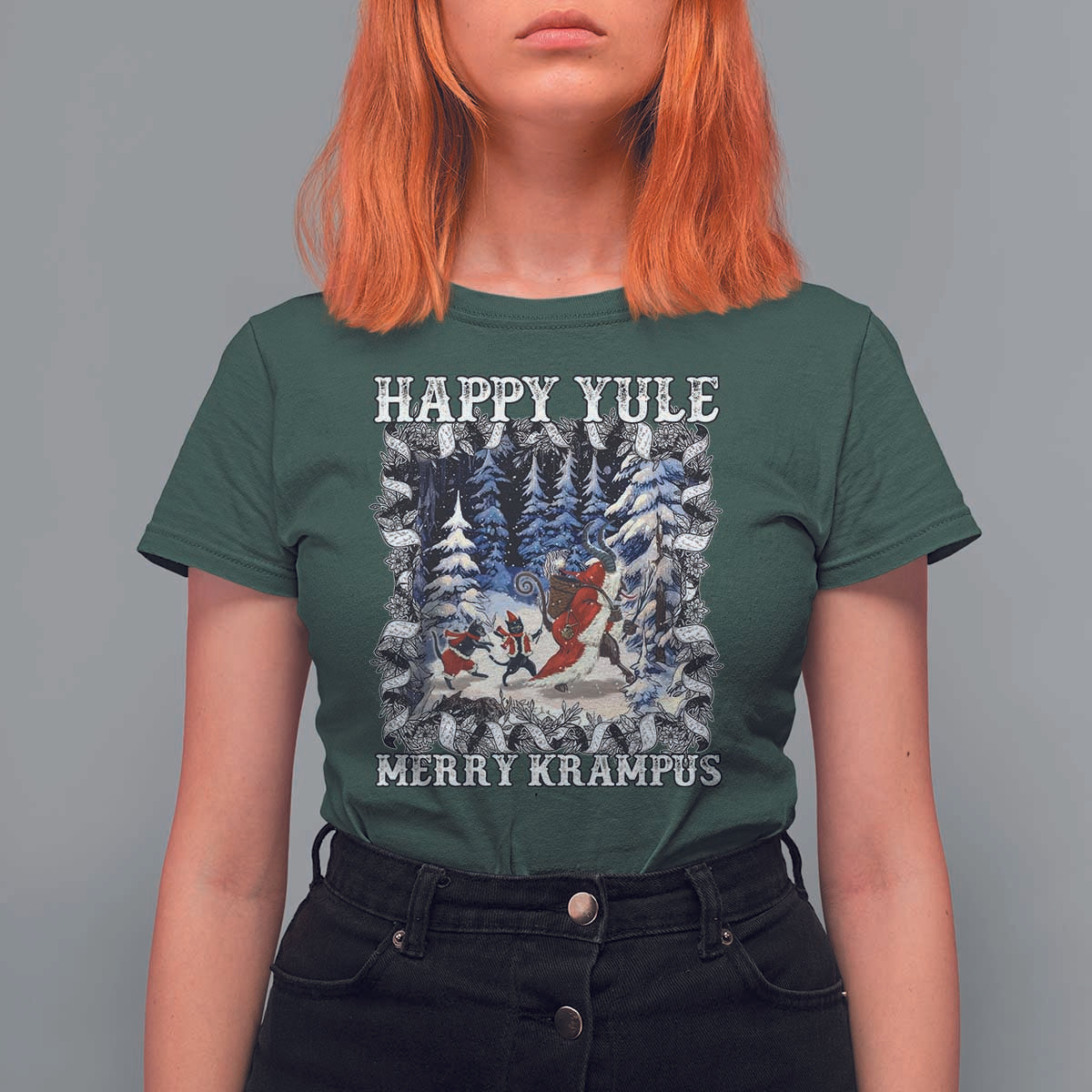 Happy Yule Merry Krampus T Shirt For Women Vintage Krampus Black Cat - Wonder Print Shop