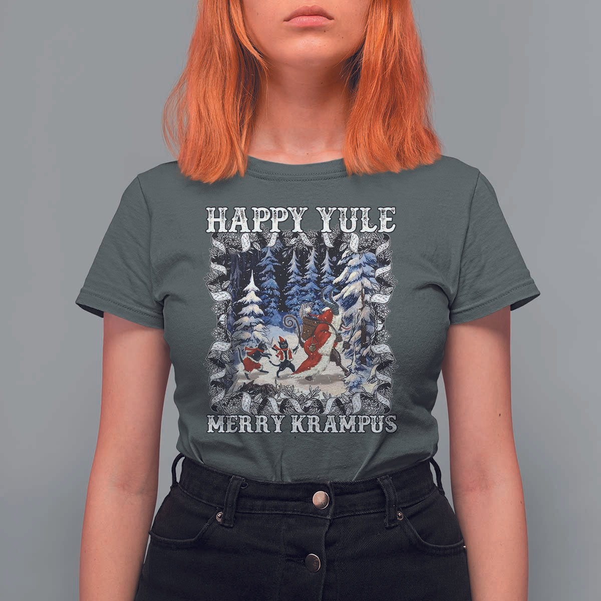 Happy Yule Merry Krampus T Shirt For Women Vintage Krampus Black Cat - Wonder Print Shop