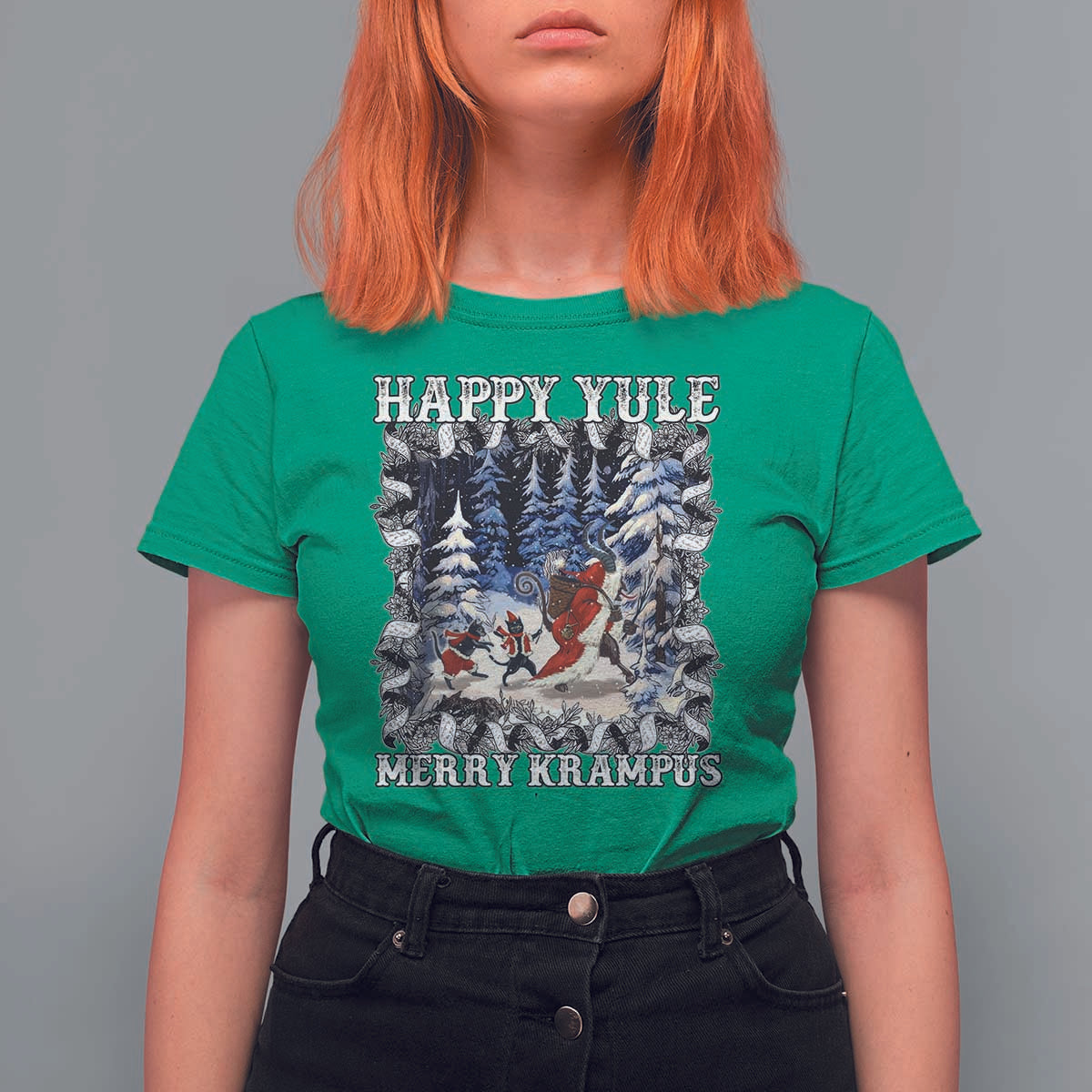 Happy Yule Merry Krampus T Shirt For Women Vintage Krampus Black Cat - Wonder Print Shop
