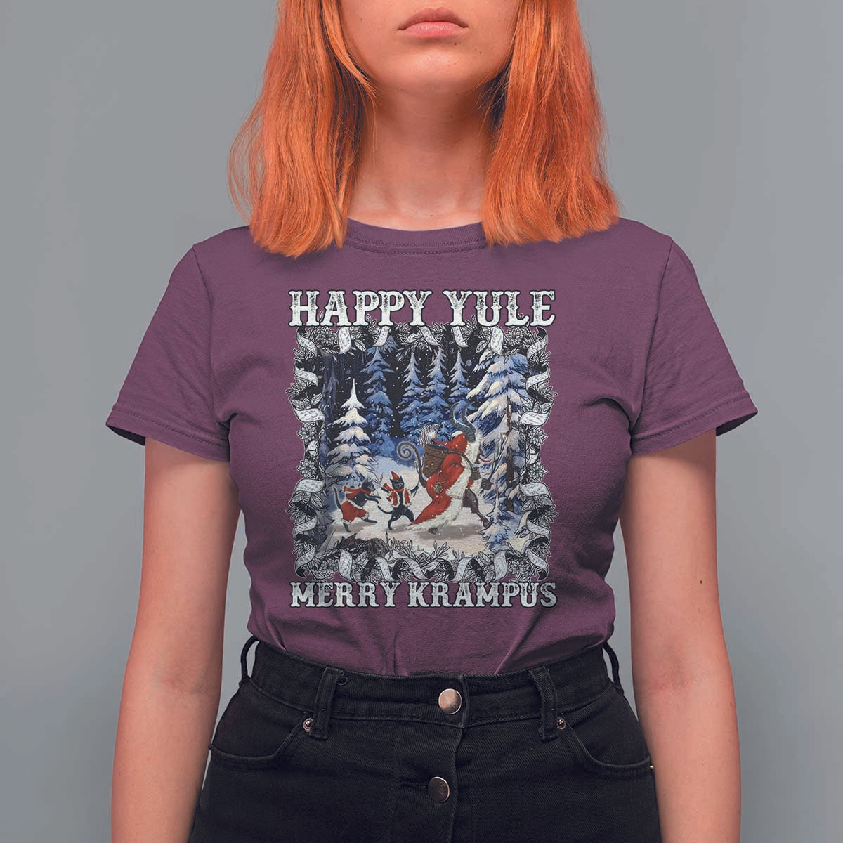 Happy Yule Merry Krampus T Shirt For Women Vintage Krampus Black Cat - Wonder Print Shop