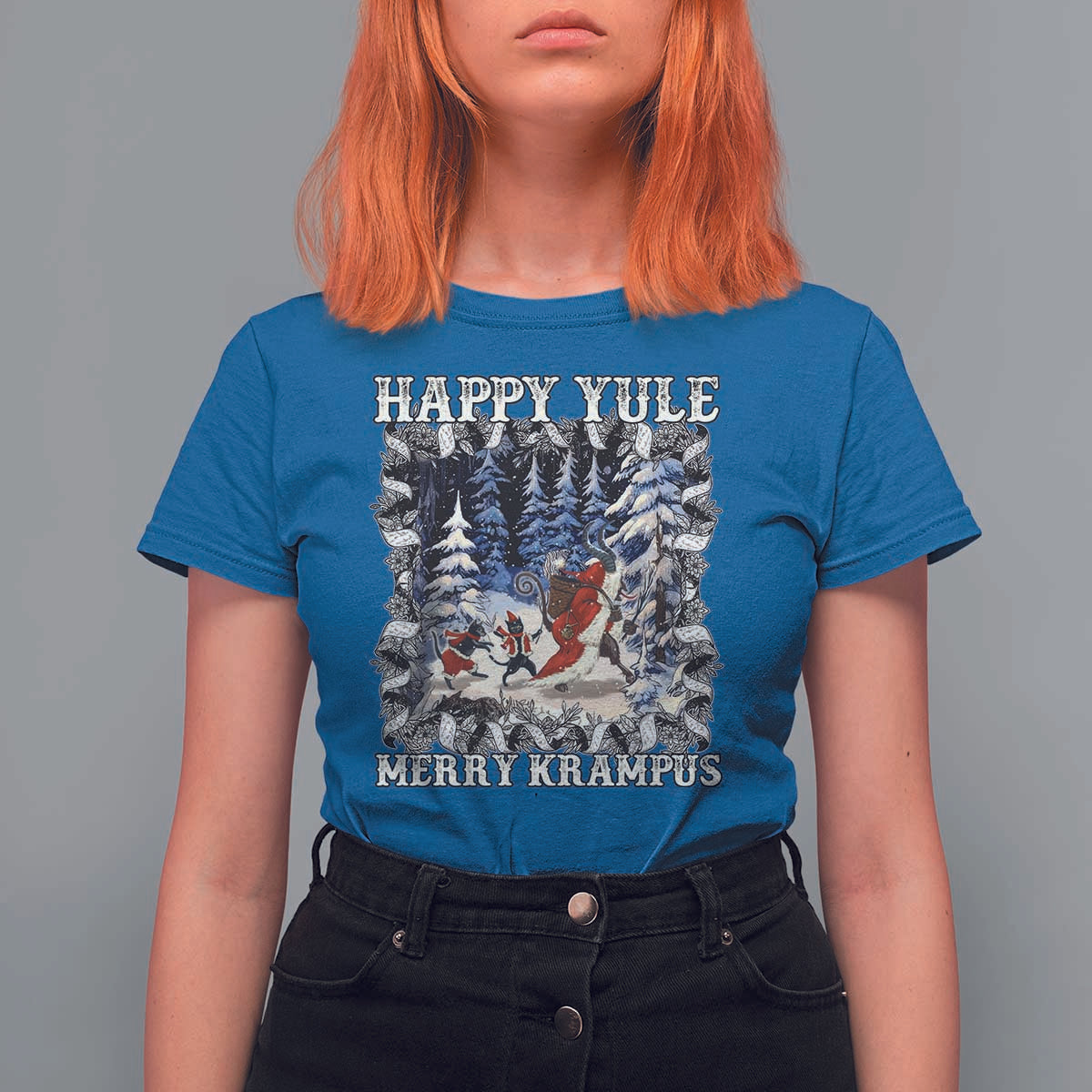 Happy Yule Merry Krampus T Shirt For Women Vintage Krampus Black Cat - Wonder Print Shop