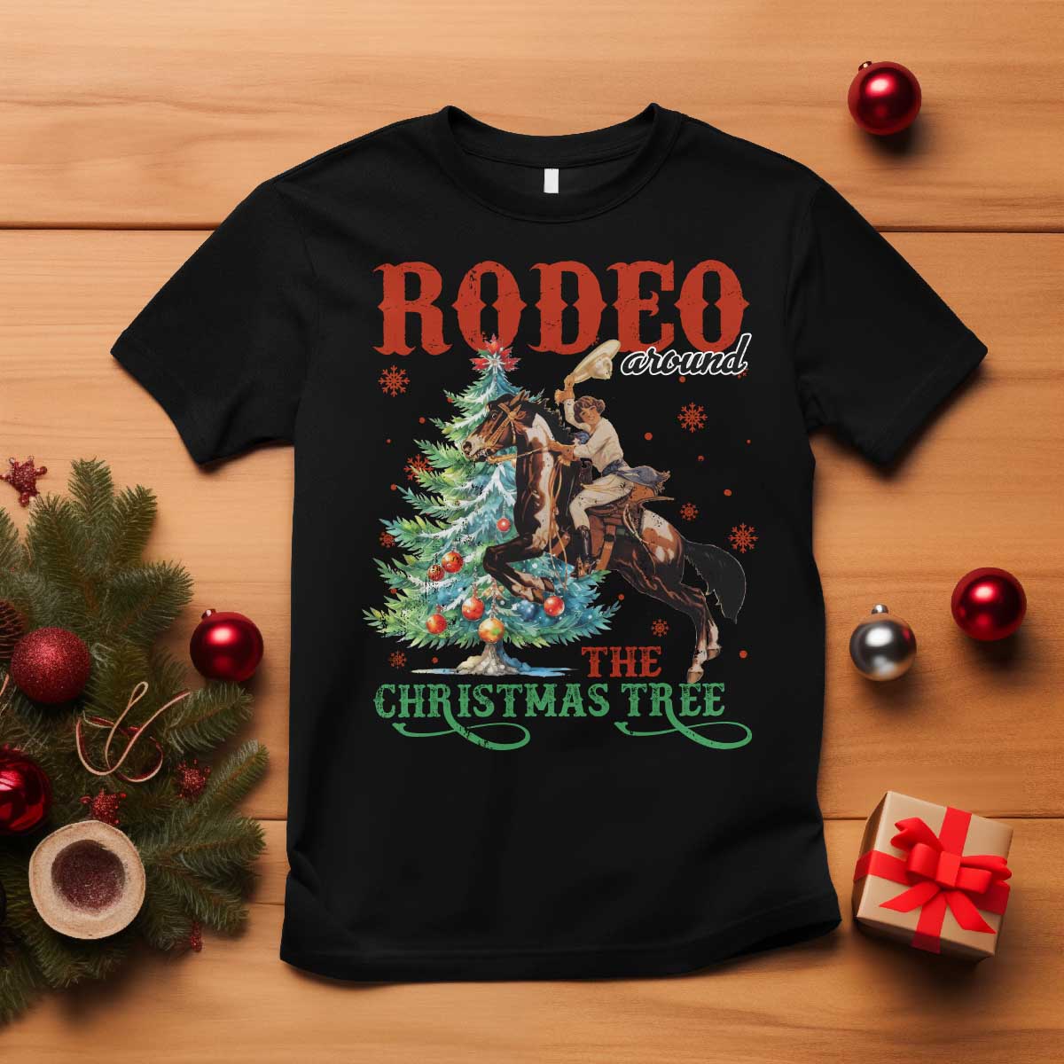 Western Christmas T Shirt Rodeo Around The Christmas Tree Cowgirl - Wonder Print Shop
