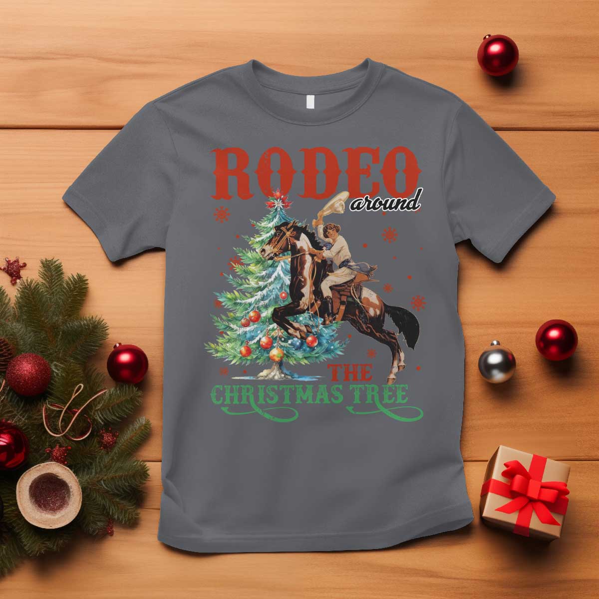 Western Christmas T Shirt Rodeo Around The Christmas Tree Cowgirl - Wonder Print Shop
